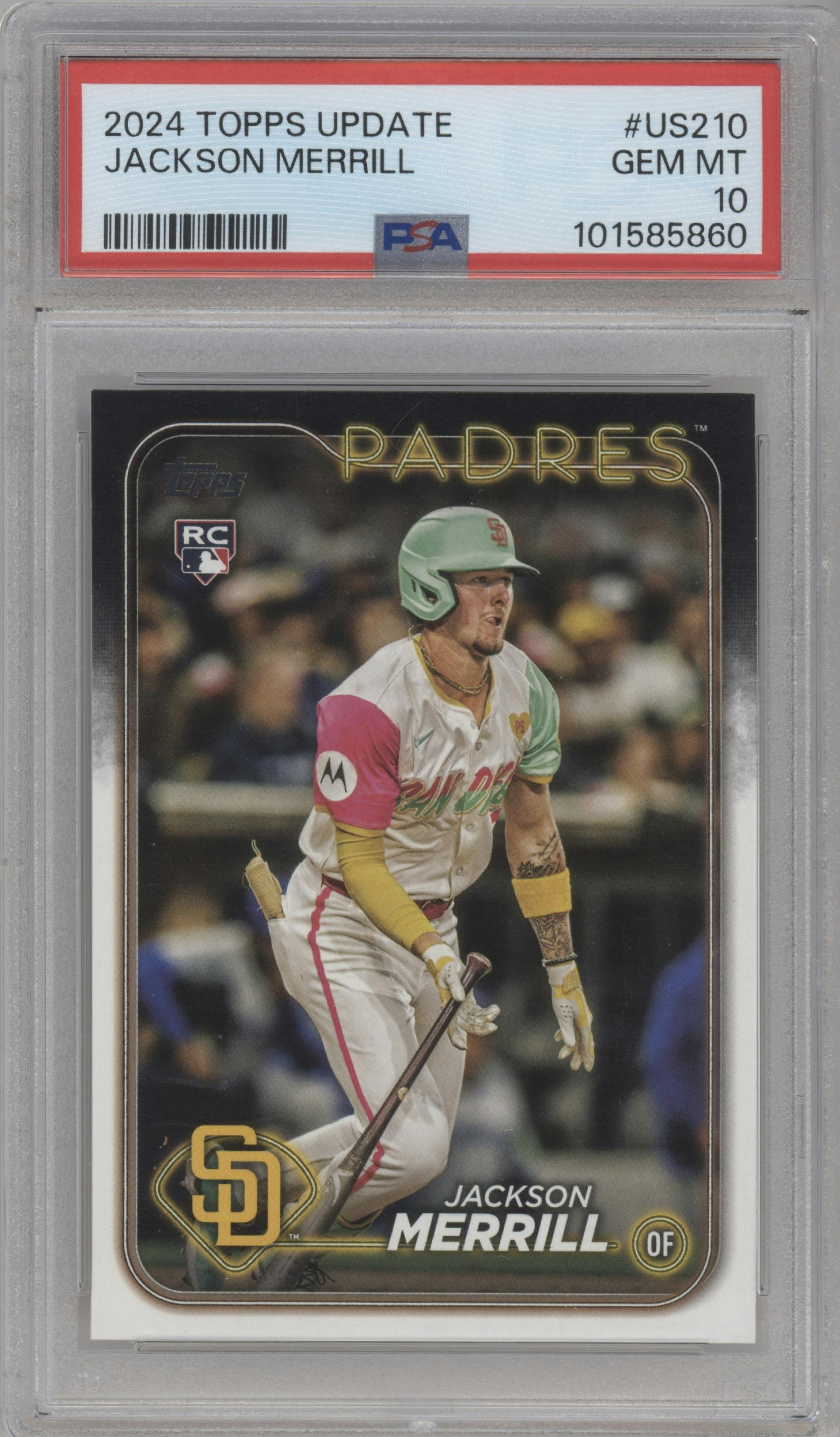 Jackson Merrill from the 2024 Topps Update set graded by PSA and given an overall grade of 10.