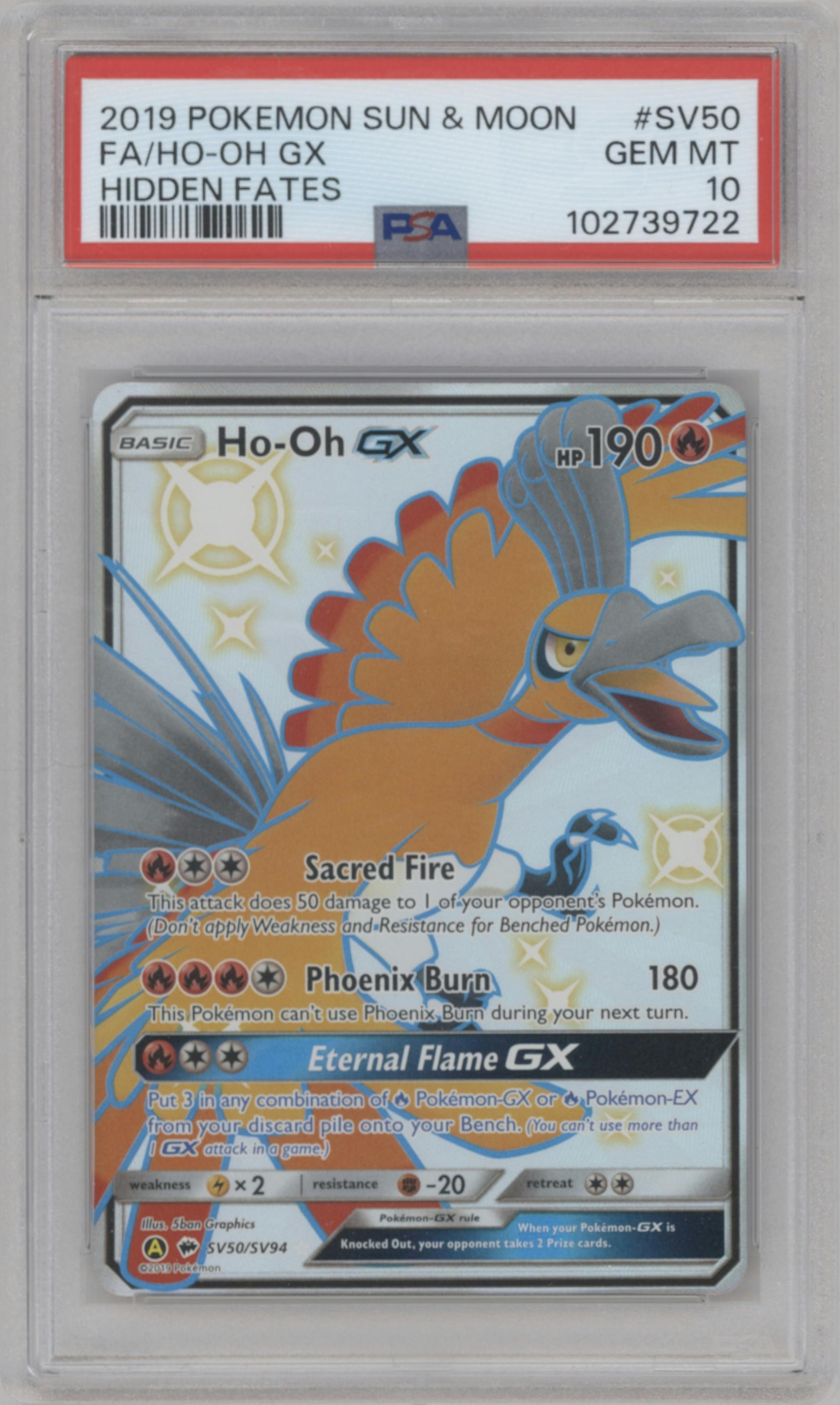 Ho-Oh GX from the 2019 Pokemon S&M  set graded by PSA and given an overall grade of 10.