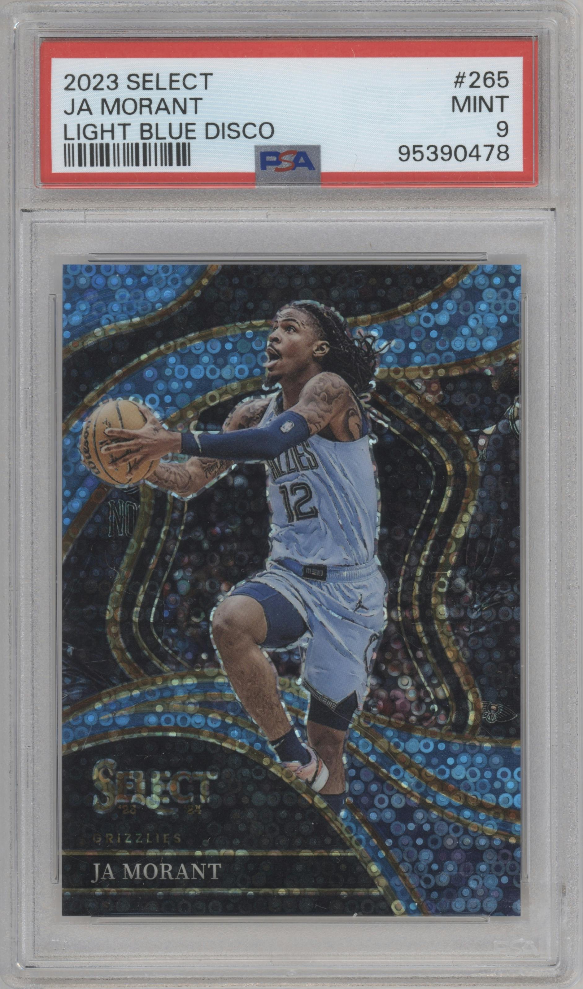 Ja Morant from the 2023-24 Panini Select  set featuring a Disco  Light Blue parallel graded by PSA and given an overall grade of 9.