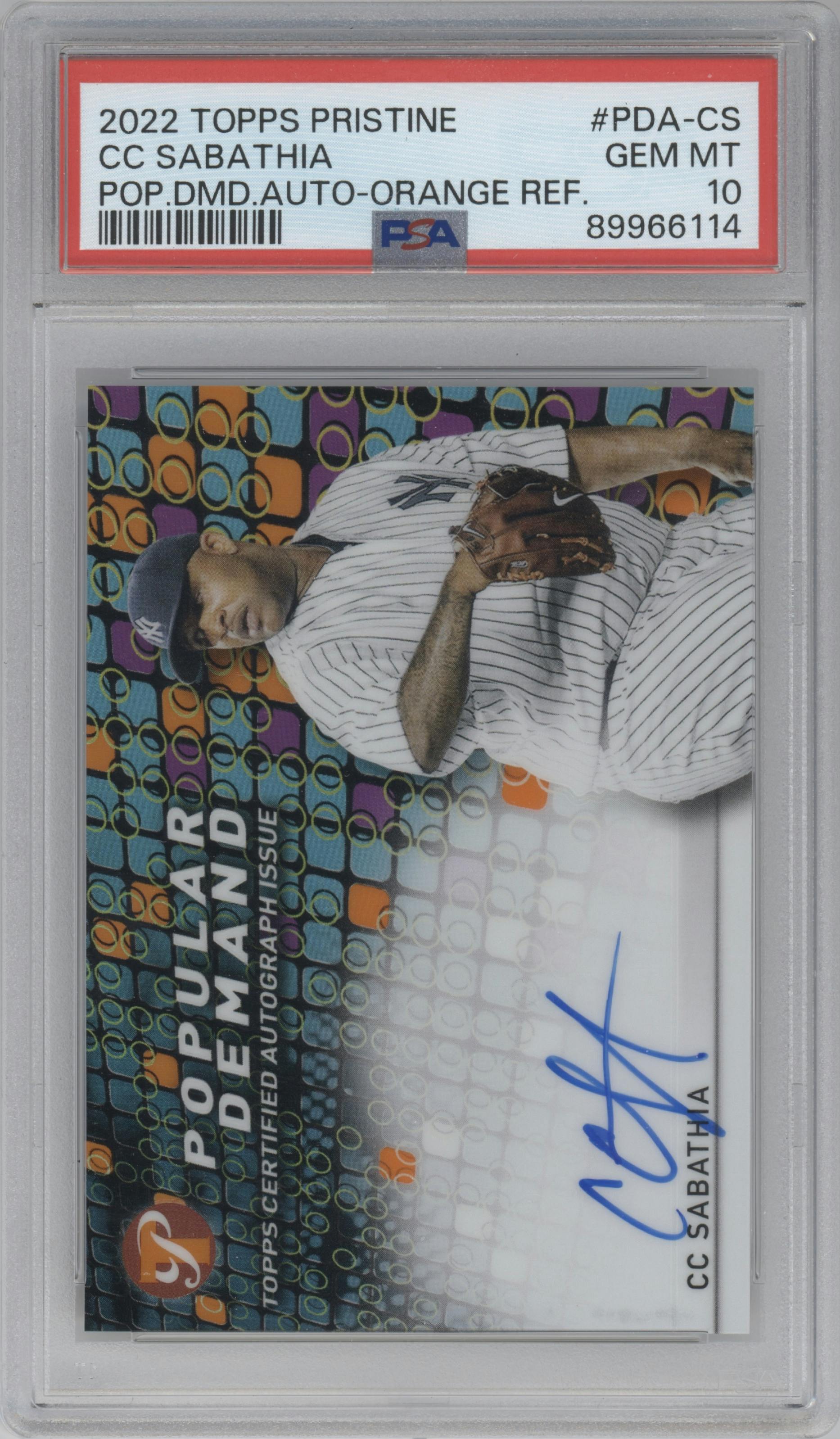 CC Sabathia from the 2022 Topps Pristine set featuring a Orange Refractor parallel graded by PSA and given an overall grade of 10.