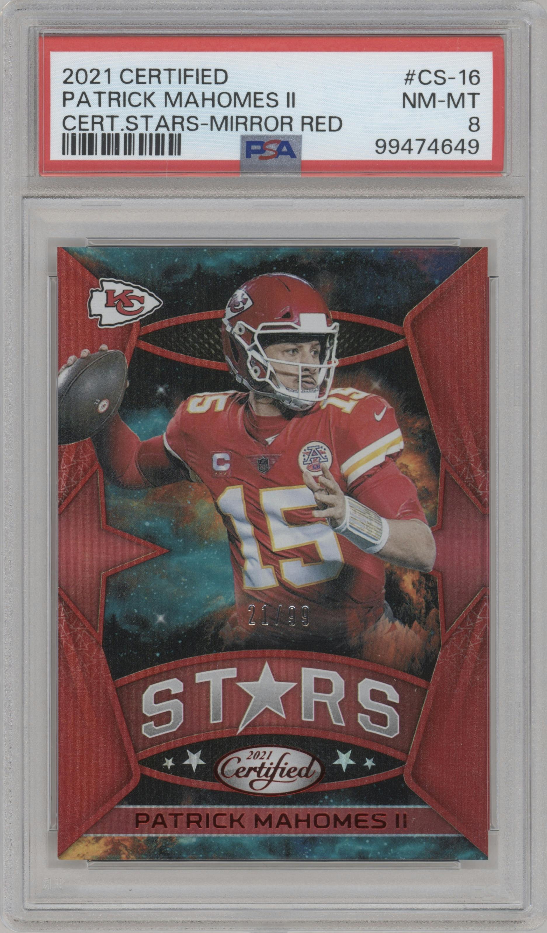 Patrick Mahomes II from the 2021 Panini Certified set featuring a Mirror Red parallel graded by PSA and given an overall grade of 8.