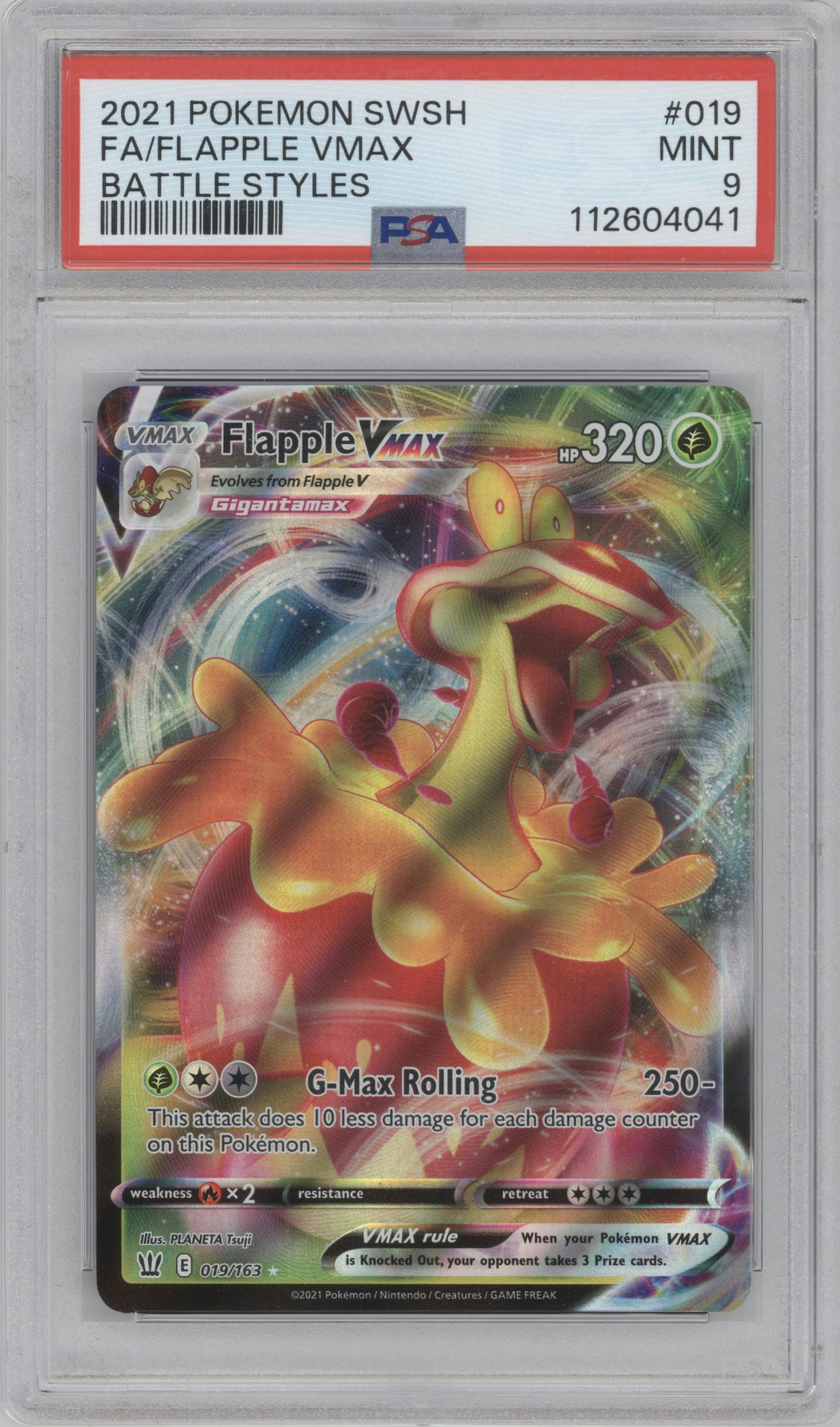 Flapple VMAX from the 2021 Pokemon SWSH set graded by PSA and given an overall grade of 9.