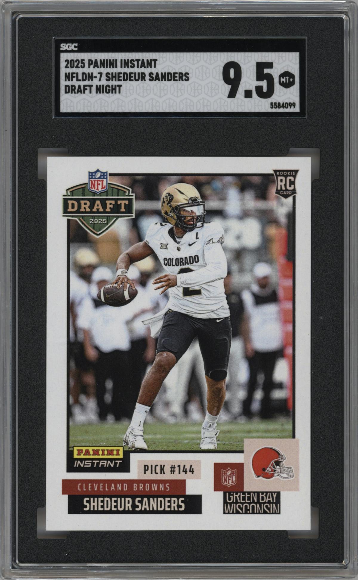Shedeur Sanders from the 2025 Panini Instant NFL Draft Night set graded by SGC and given an overall grade of 9.5.