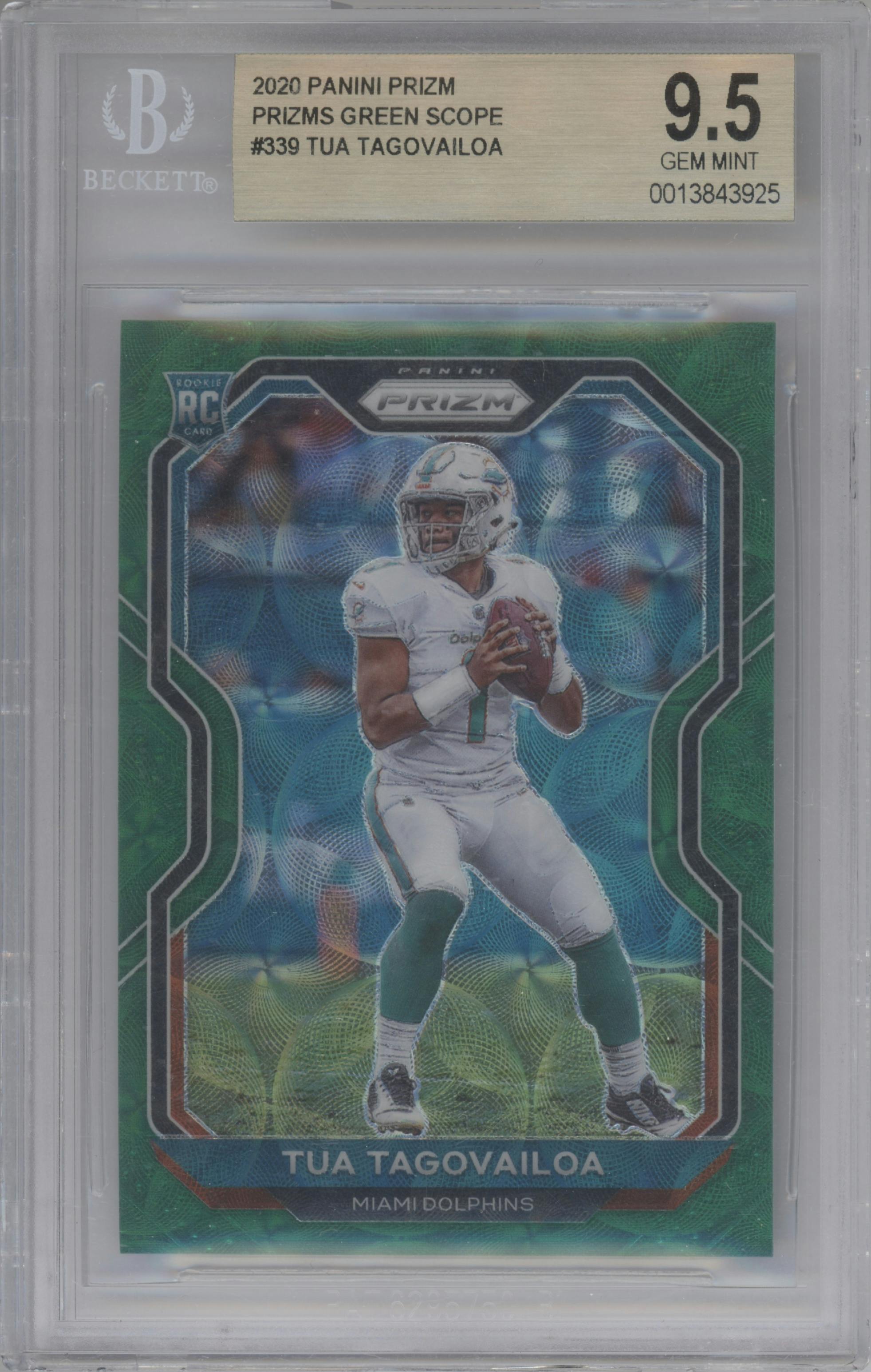 Tua Tagovailoa from the 2020 Panini Prizm set featuring a Green Scope parallel graded by Beckett and given an overall grade of 9.5.