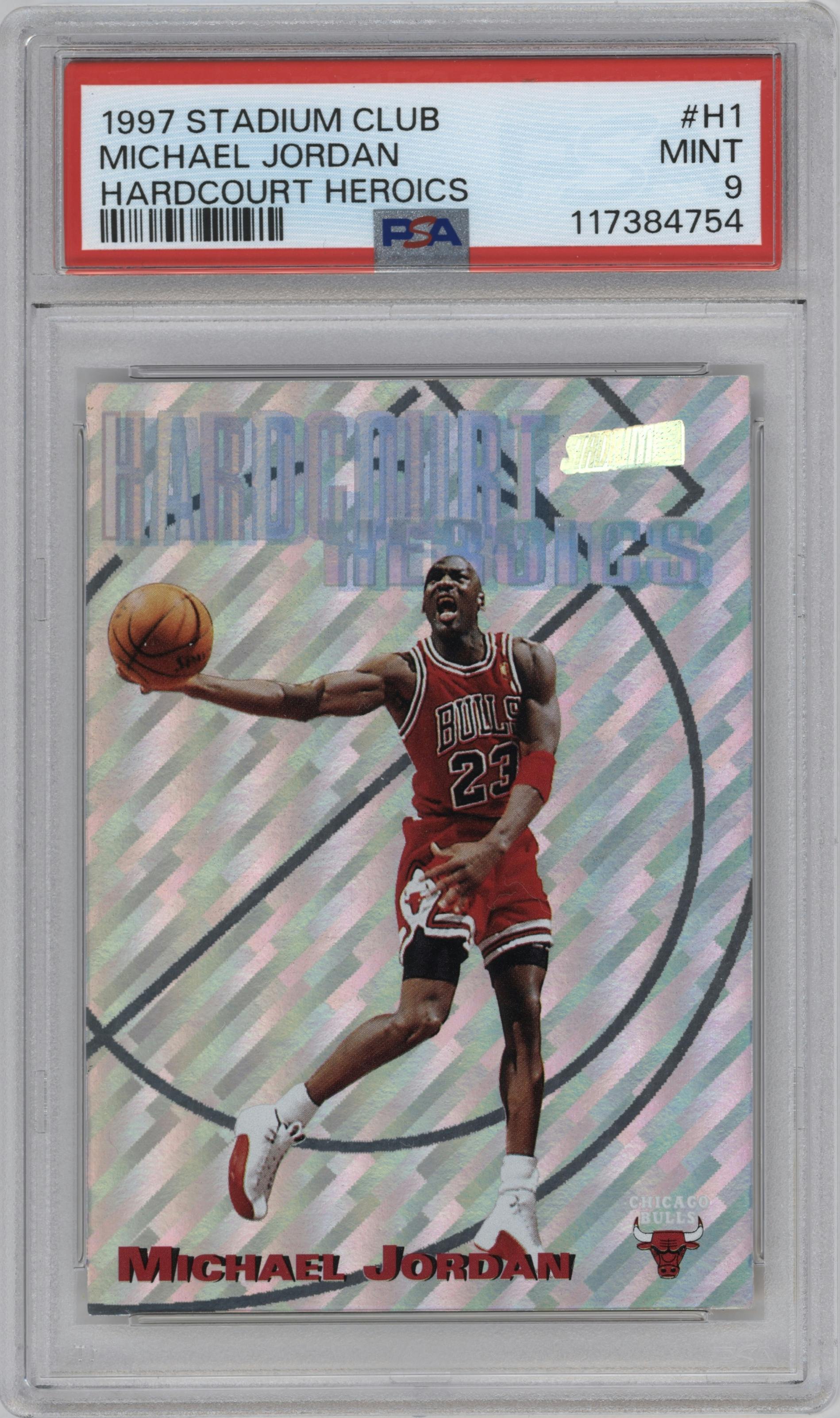 Michael Jordan from the 1997-98 Topps Stadium Club set graded by PSA and given an overall grade of 9.