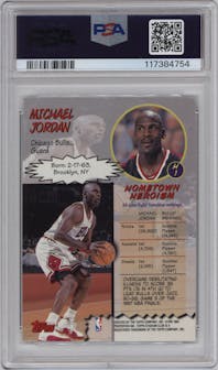 Michael Jordan from the 1997-98 Topps Stadium Club set graded by PSA and given an overall grade of 9.