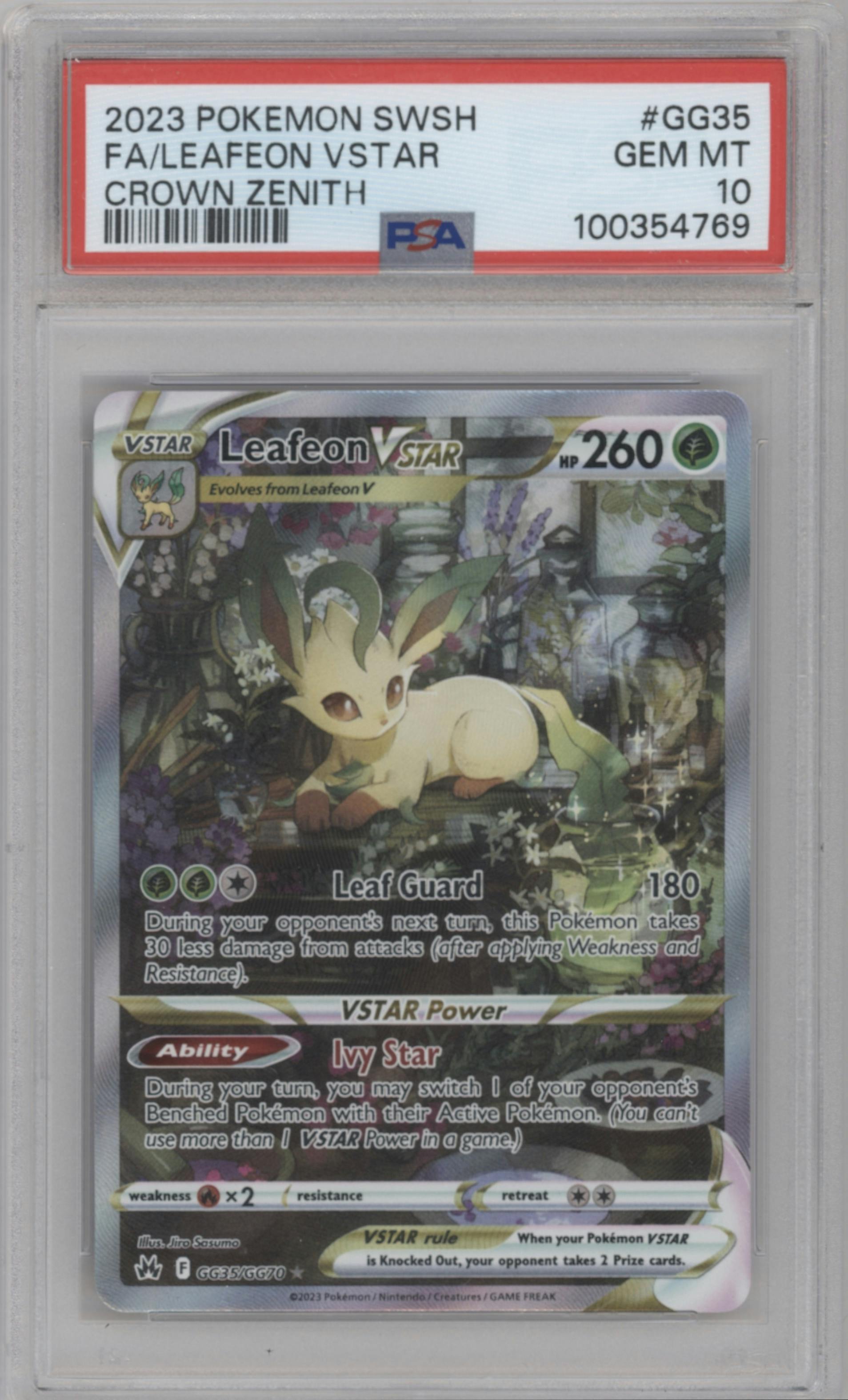 Leafeon VSTAR from the 2023 Pokemon SWSH set graded by PSA and given an overall grade of 10.
