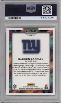 Saquon Barkley from the 2023 Panini Prizm set graded by PSA and given an overall grade of 10.