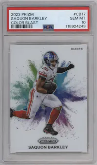 Saquon Barkley from the 2023 Panini Prizm set graded by PSA and given an overall grade of 10.