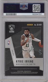 Kyrie Irving from the 2019-20 Panini Prizm set featuring a Premium Fotl Shimmer Black parallel graded by PSA and given an overall grade of 8.