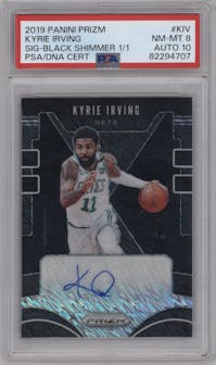Kyrie Irving from the 2019-20 Panini Prizm set featuring a Premium Fotl Shimmer Black parallel graded by PSA and given an overall grade of 8.