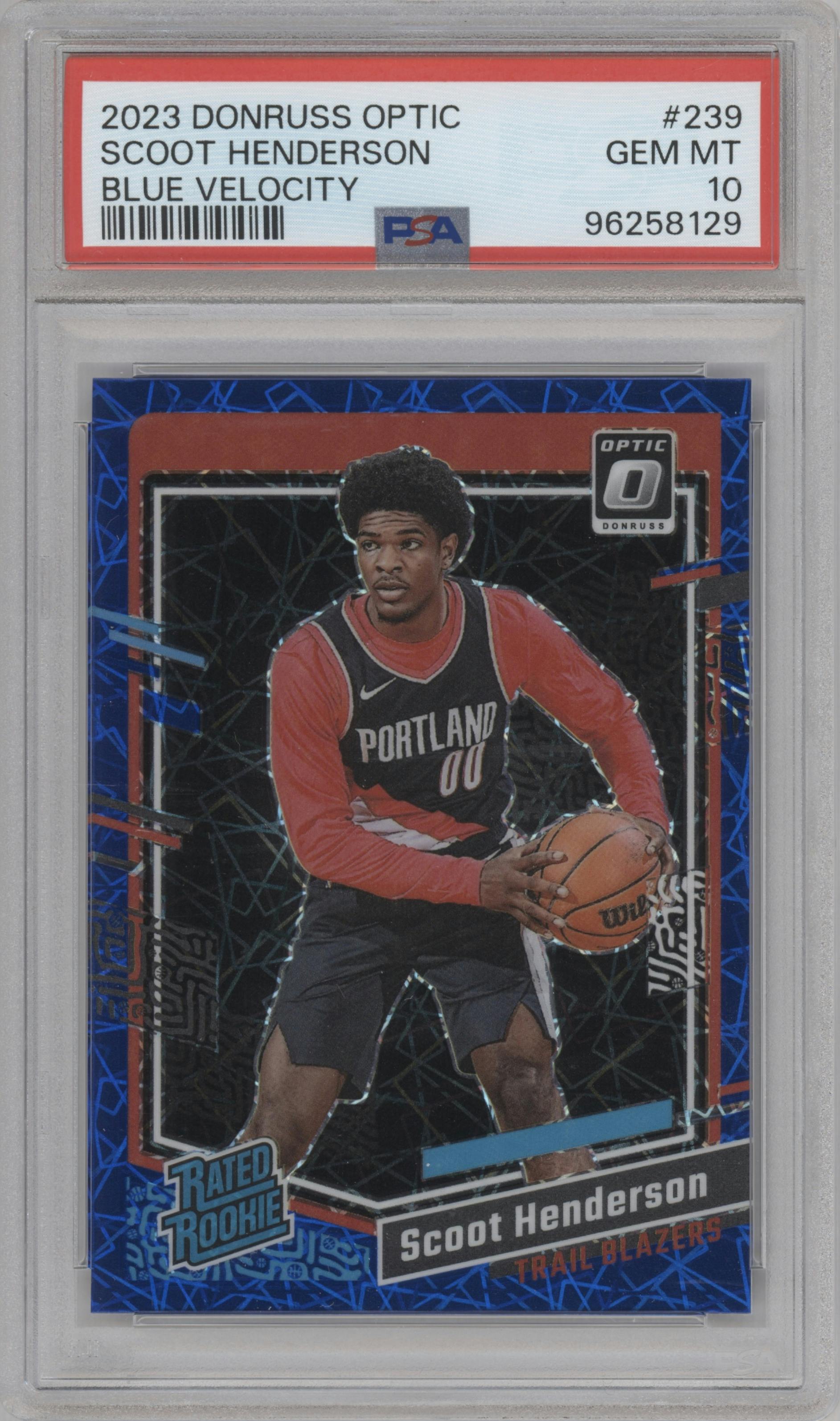 Scoot Henderson from the 2023-24 Donruss Optic set featuring a Blue Velocity parallel graded by PSA and given an overall grade of 10.