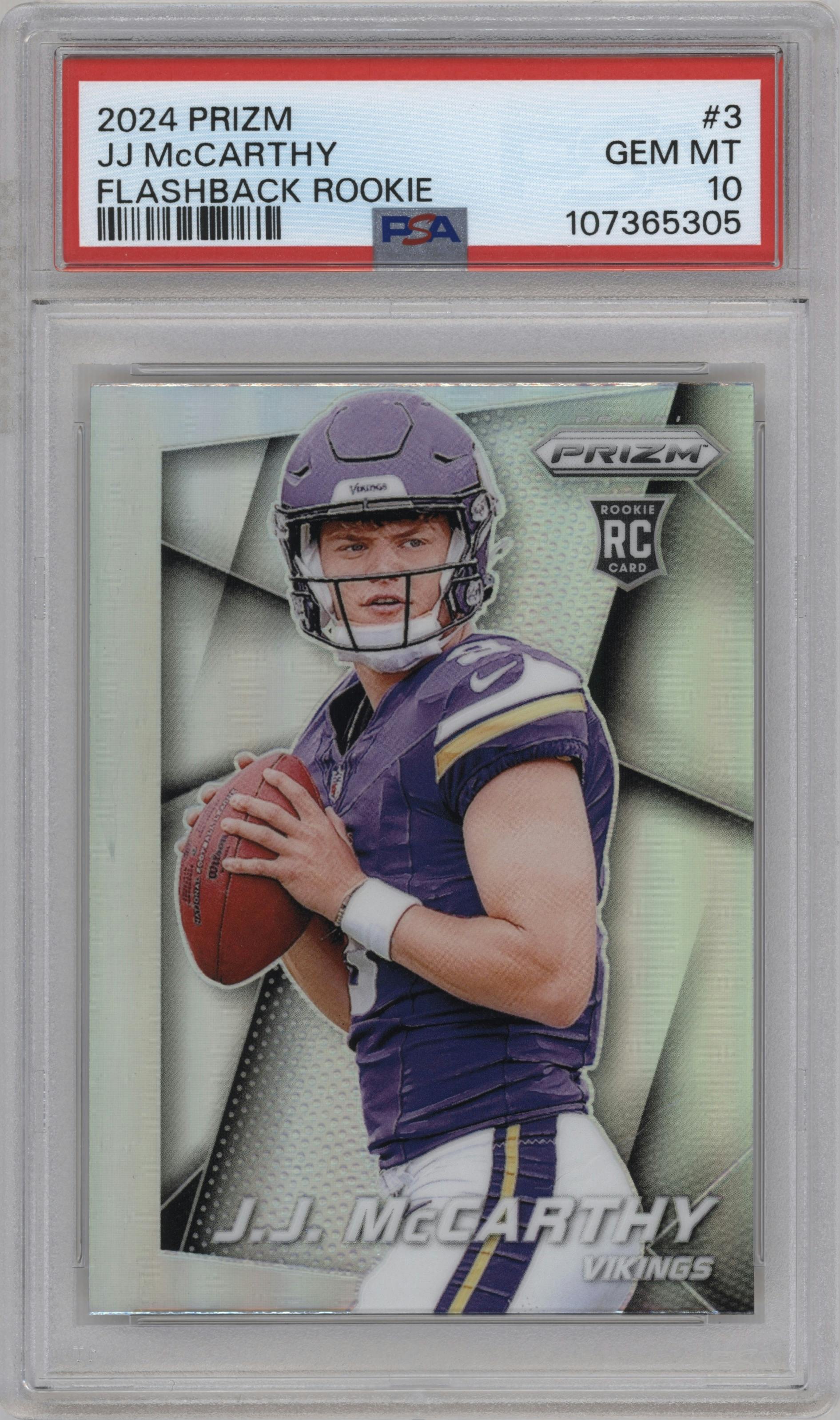J.J. McCarthy from the 2024 Panini Prizm set graded by PSA and given an overall grade of 10.