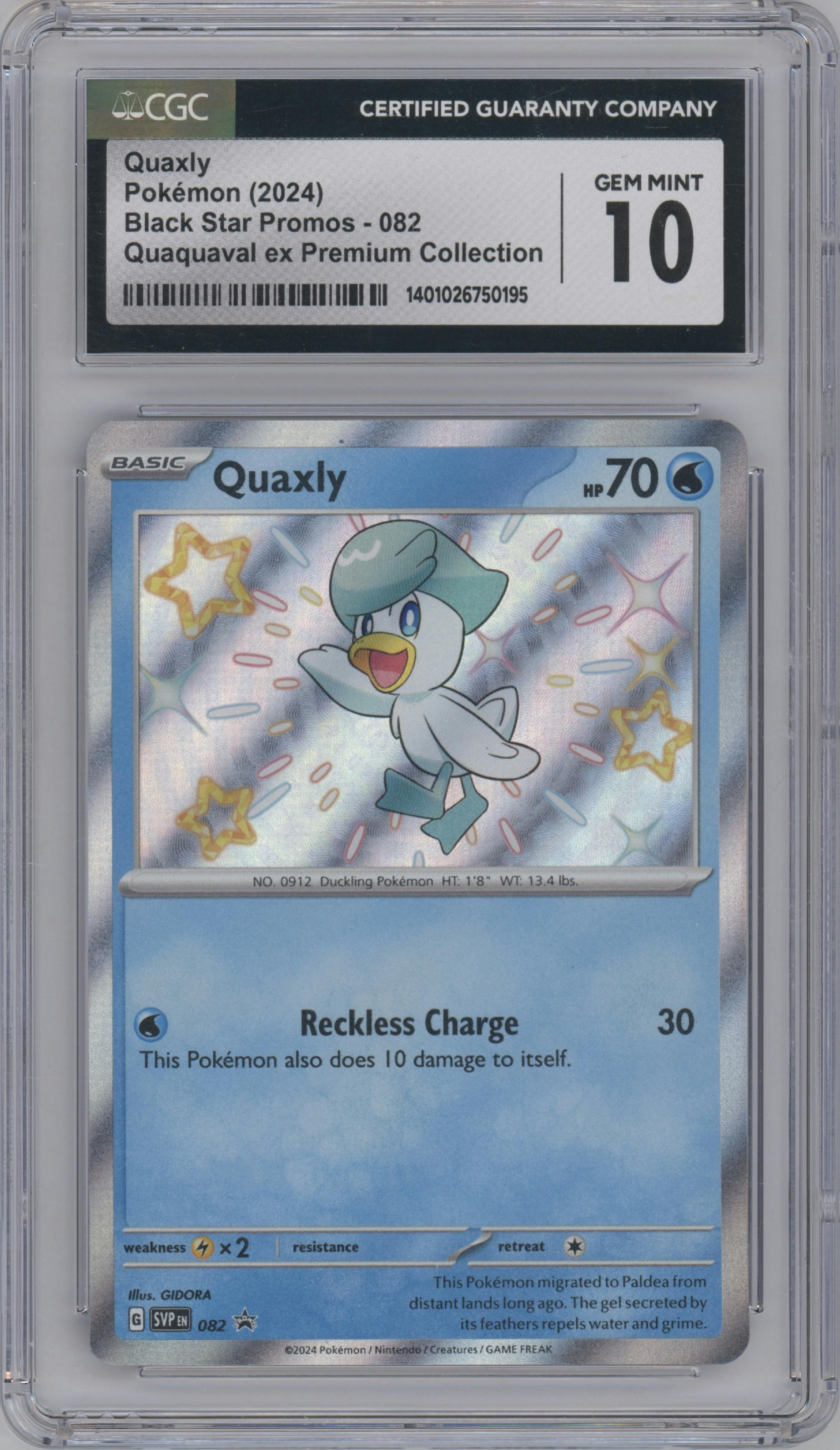 Quaxly from the 2024 Pokemon SV set featuring a Quaquaval ex Premium Collection parallel graded by CSG and given an overall grade of 10.