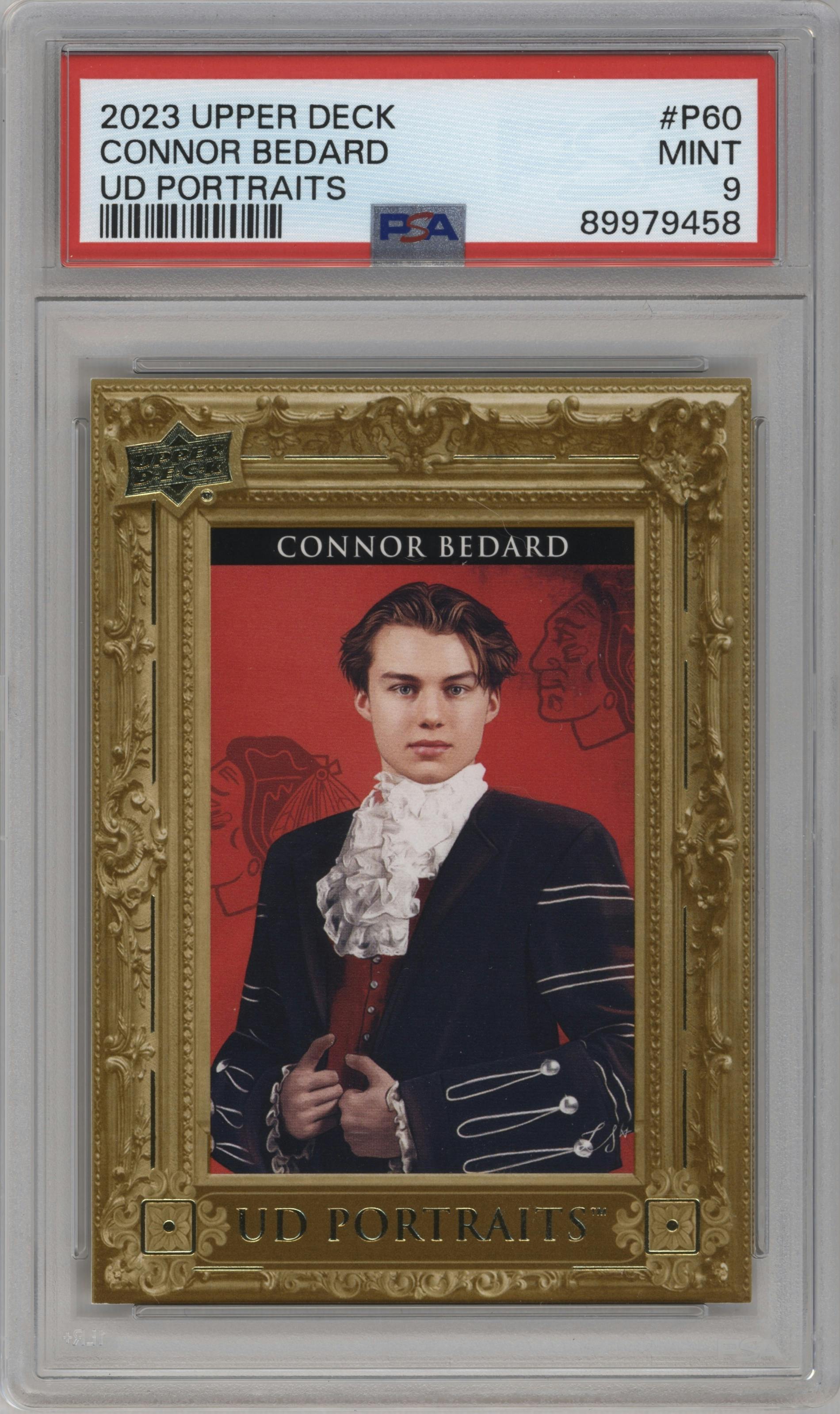 Connor Bedard from the 2023-24 Upper Deck Series 1 set graded by PSA and given an overall grade of 9.