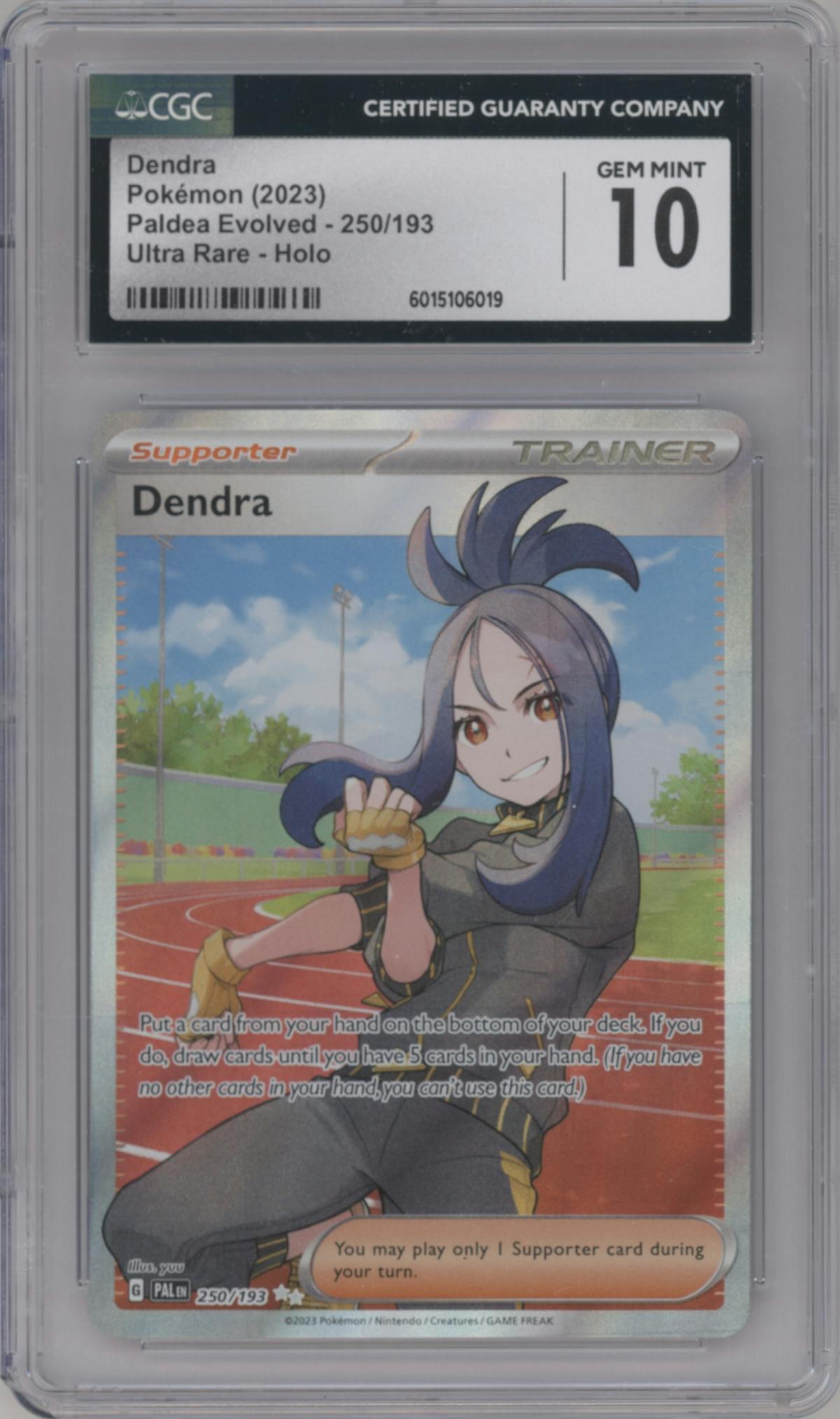 Dendra from the 2023 Pokemon SV set graded by CSG and given an overall grade of 10.