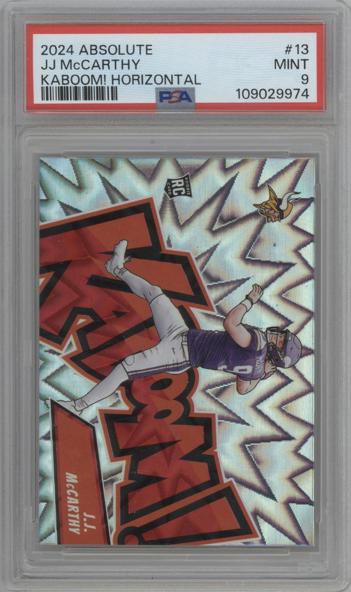 J.J. McCarthy from the 2024 Panini Absolute set graded by PSA and given an overall grade of 9.