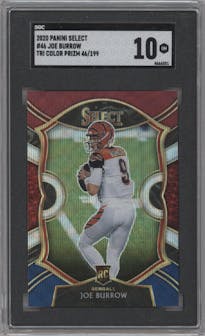 Joe Burrow from the 2020 Panini Select set featuring a Tri-Color parallel graded by SGC and given an overall grade of 10.