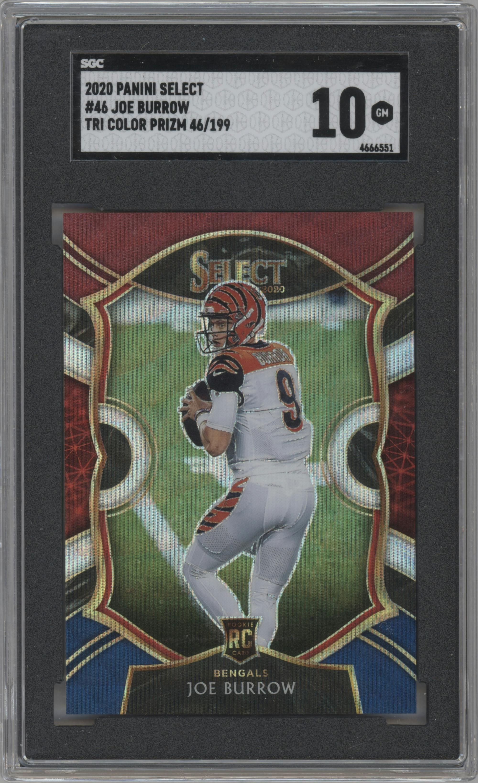 Joe Burrow from the 2020 Panini Select set featuring a Tri-Color parallel graded by SGC and given an overall grade of 10.