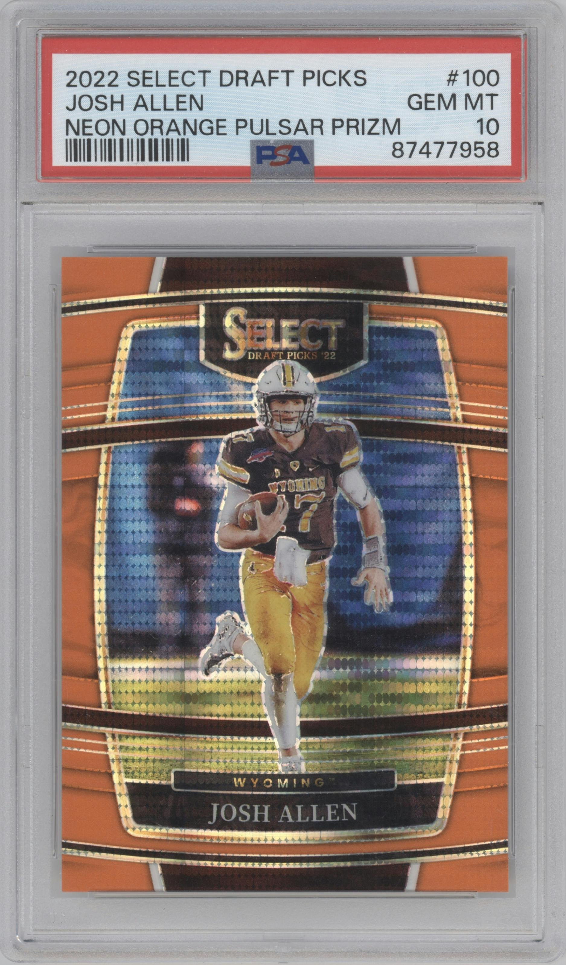Josh Allen from the 2022 Panini Select Draft Picks set featuring a Neon Orange Pulsar parallel graded by PSA and given an overall grade of 10.