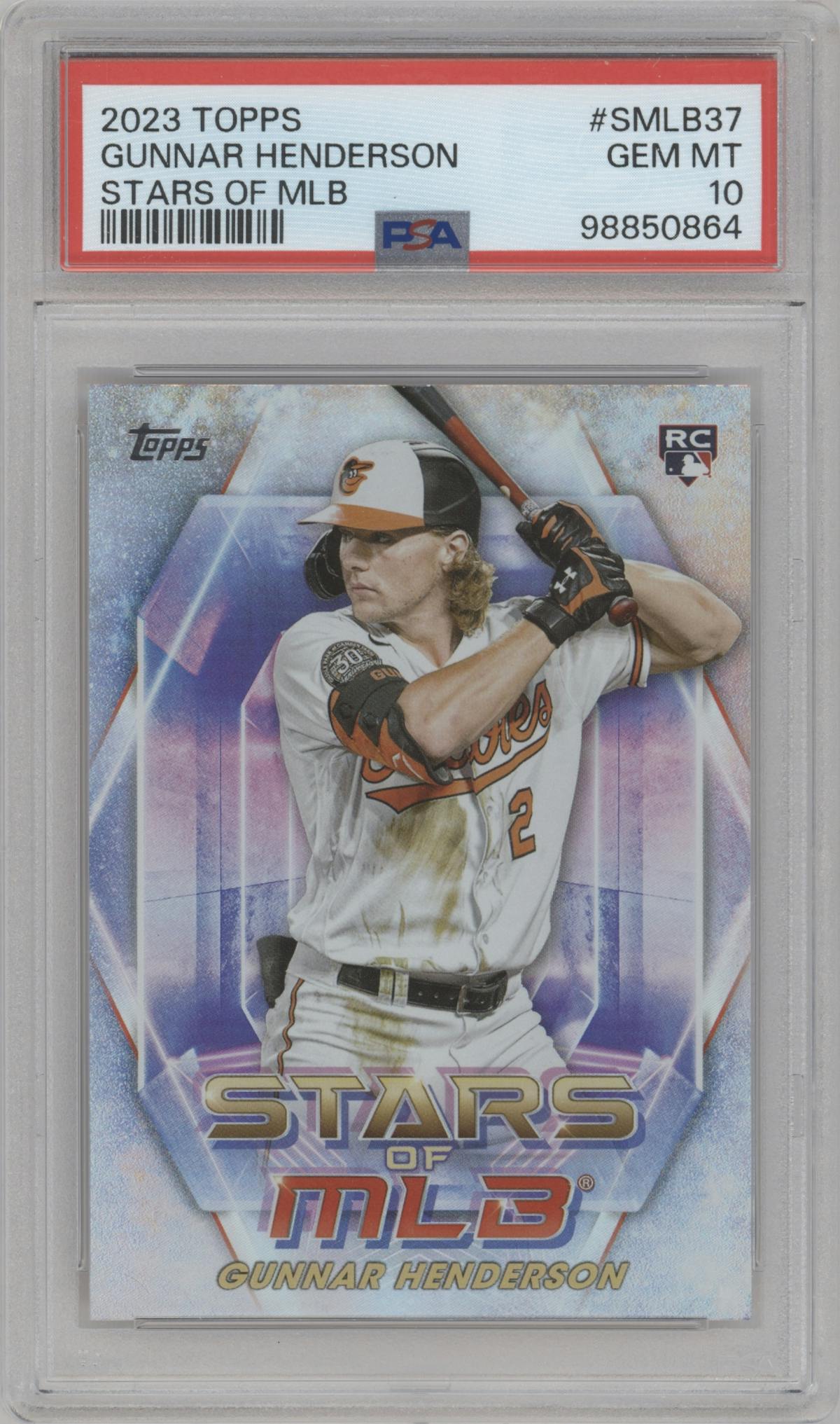 Gunnar Henderson from the 2023 Topps Series 2 set graded by PSA and given an overall grade of 10.