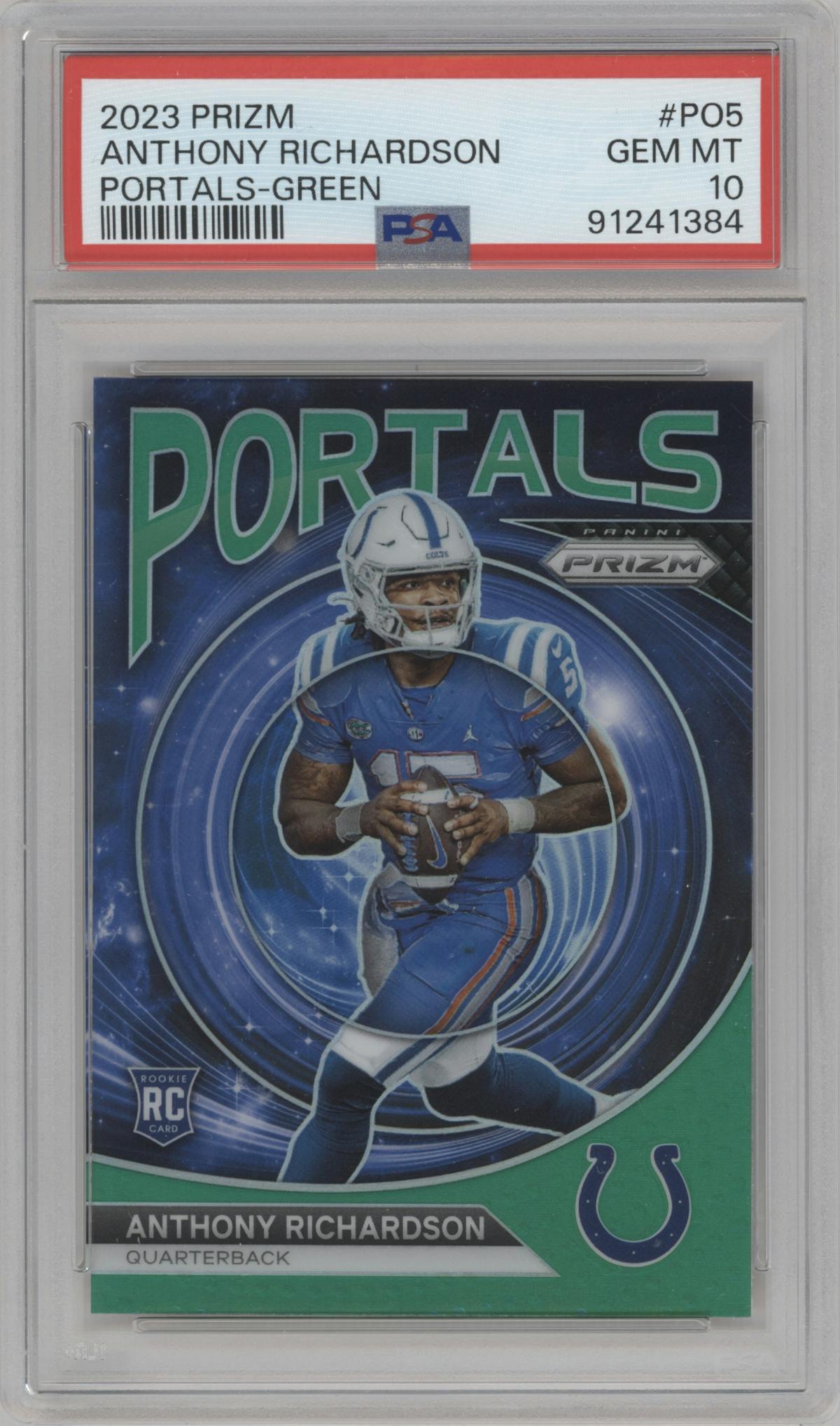 Anthony Richardson from the 2023 Panini Prizm set featuring a  Green Prizm parallel graded by PSA and given an overall grade of 10.
