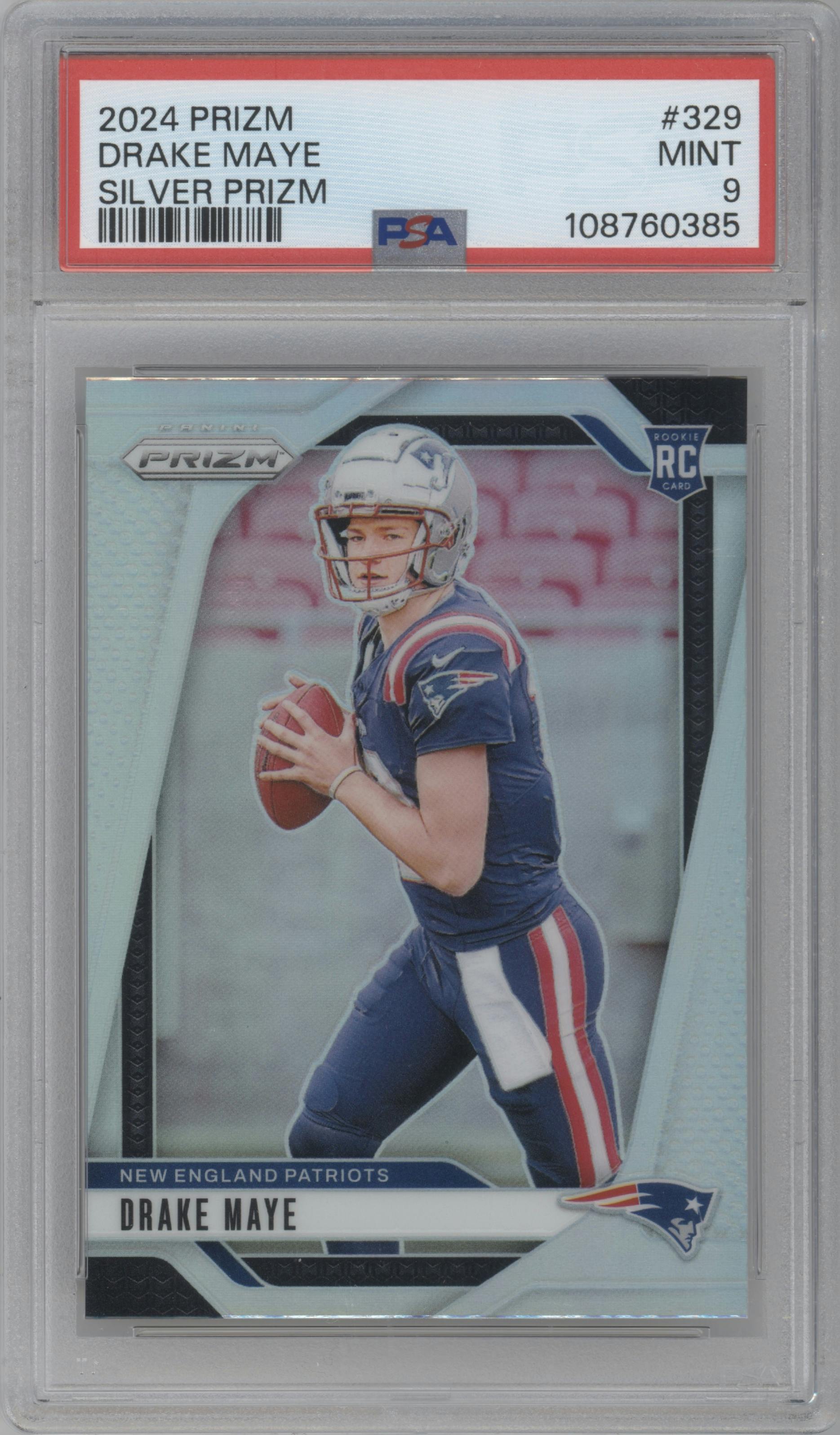 Drake Maye from the 2024 Panini Prizm set featuring a Silver Prizm parallel graded by PSA and given an overall grade of 9.