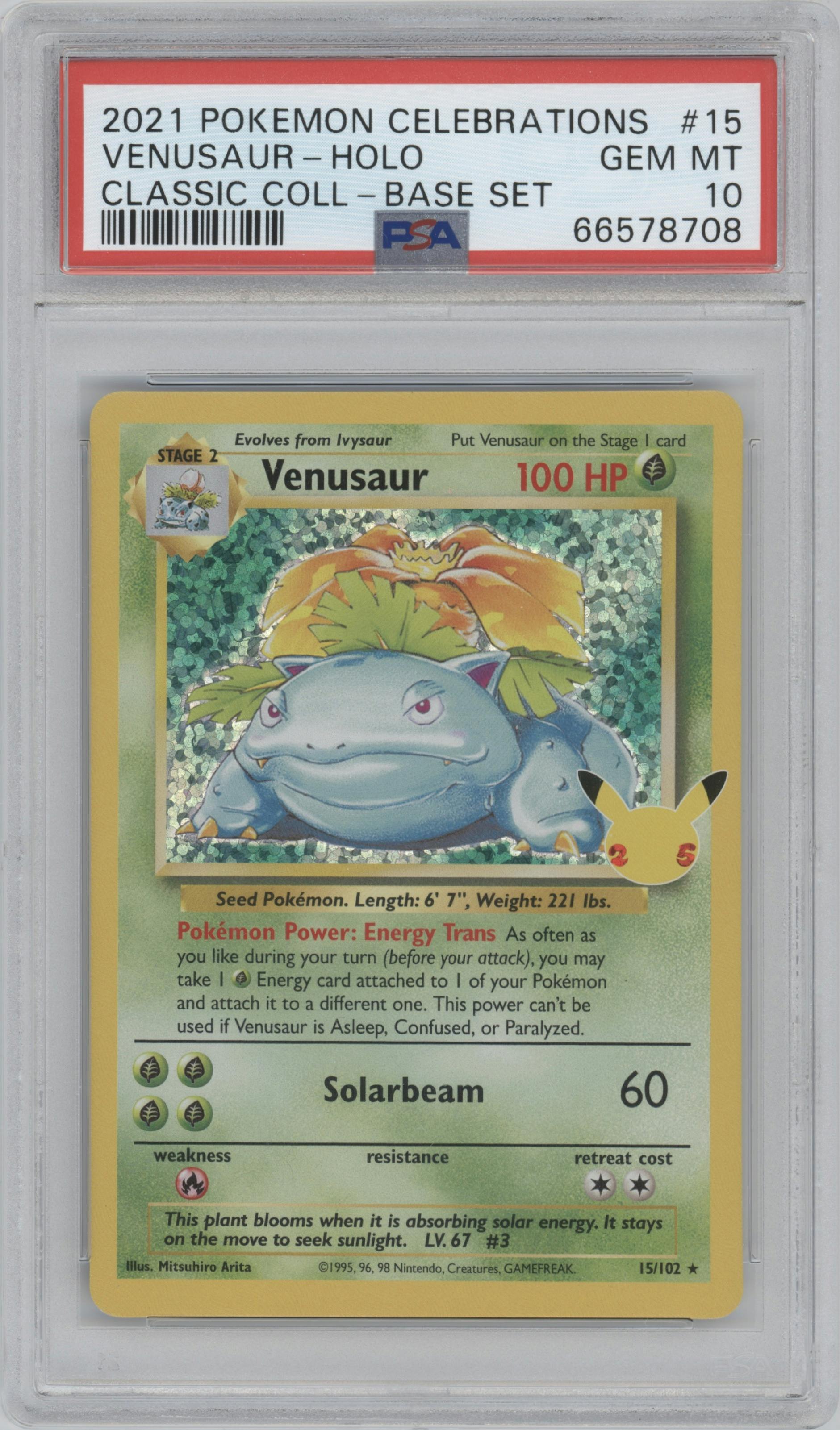 Venusaur from the 2021 Pokemon SWSH set graded by PSA and given an overall grade of 10.