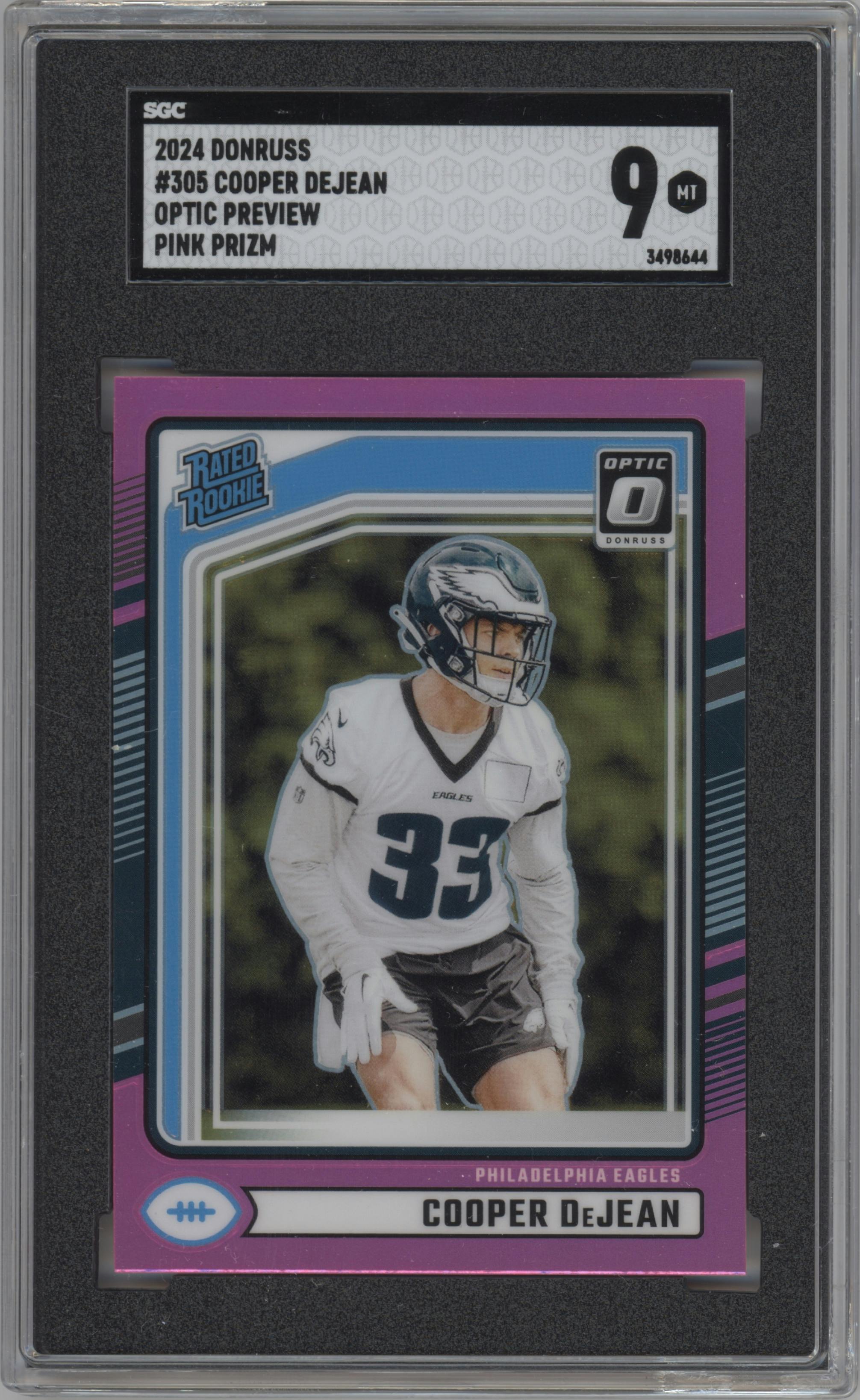 Cooper DeJean from the 2024 Donruss set featuring a Pink parallel graded by SGC and given an overall grade of 9.