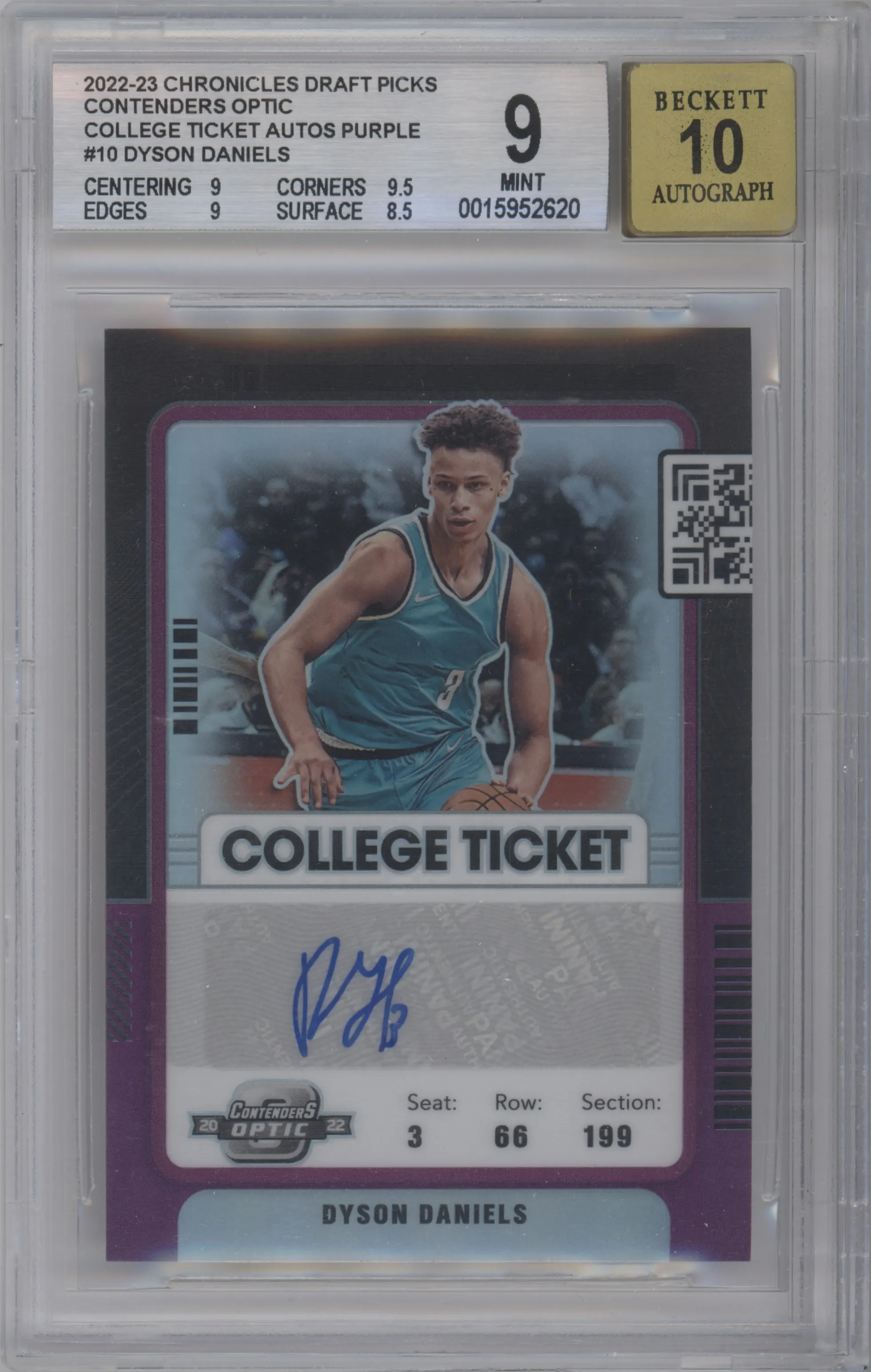 Dyson Daniels from the 2022-23 Panini Chronicles Draft Picks set featuring a Purple parallel graded by Beckett and given an overall grade of 9.
