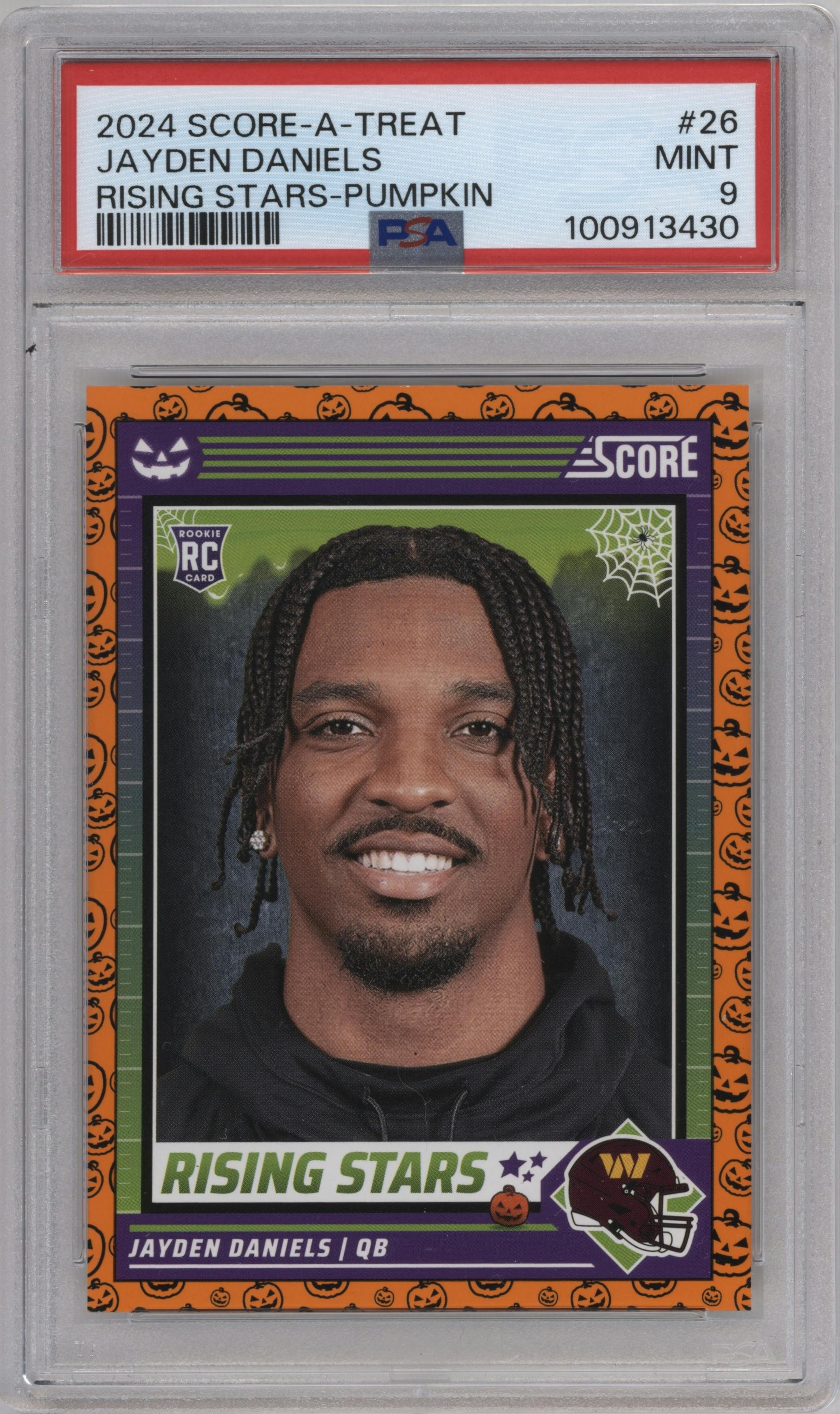 Jayden Daniels from the 2024 Score-a-Treat set featuring a Pumpkin parallel graded by PSA and given an overall grade of 9.