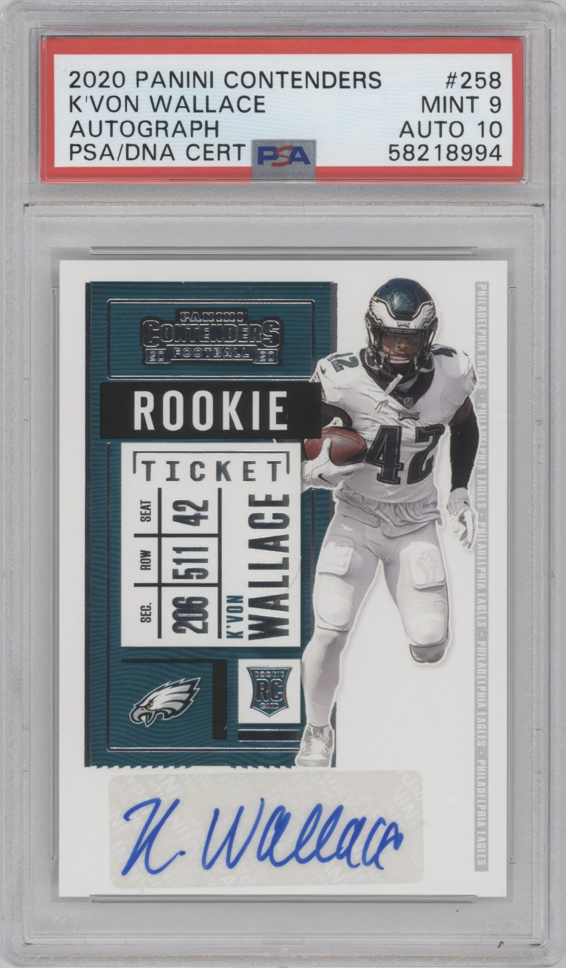 K'Von Wallace from the 2020 Panini Contenders set graded by PSA and given an overall grade of 9.