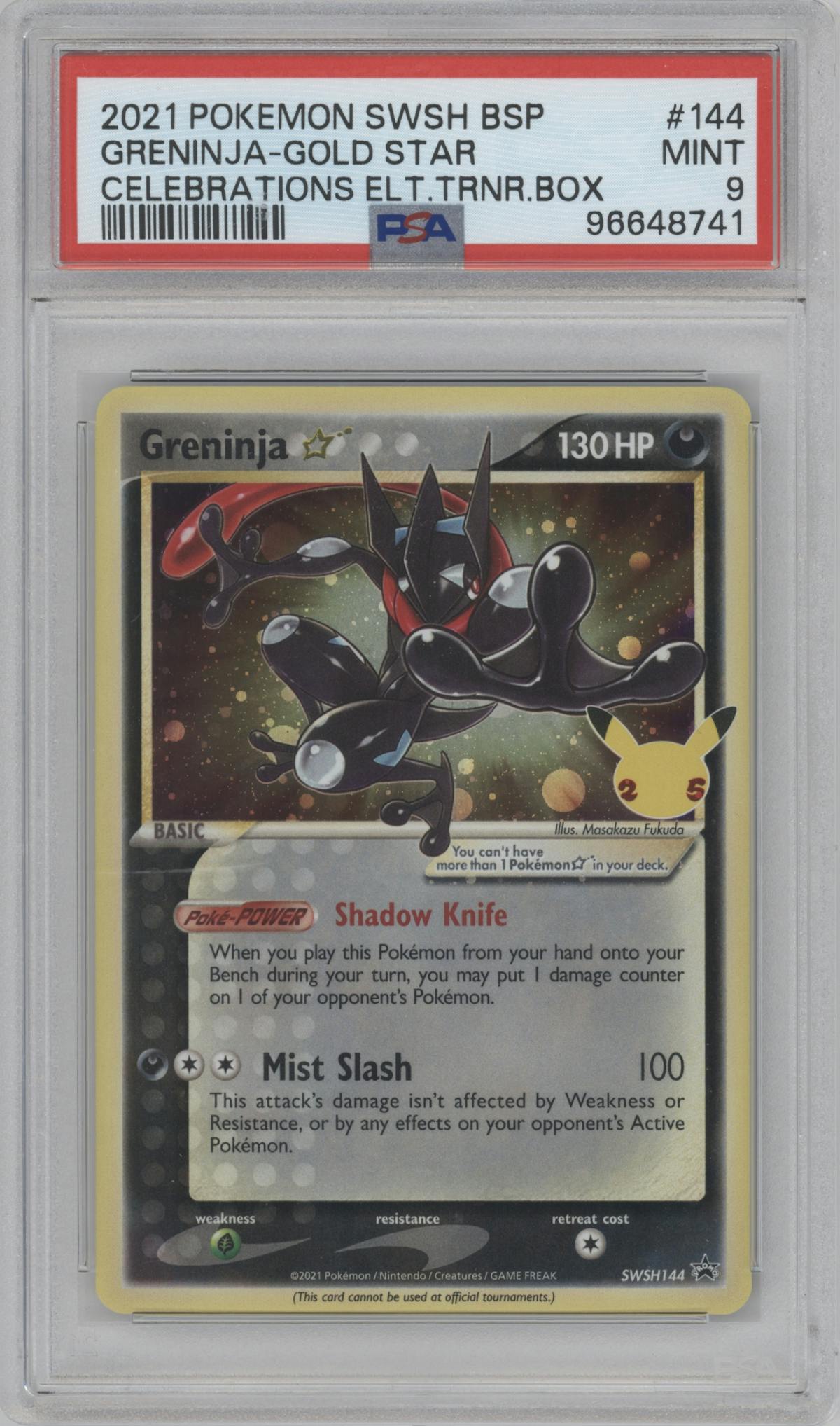 Greninja Gold Star from the 2021 Pokemon SWSH set featuring a Celebrations Elite Trainer Box parallel graded by PSA and given an overall grade of 9.