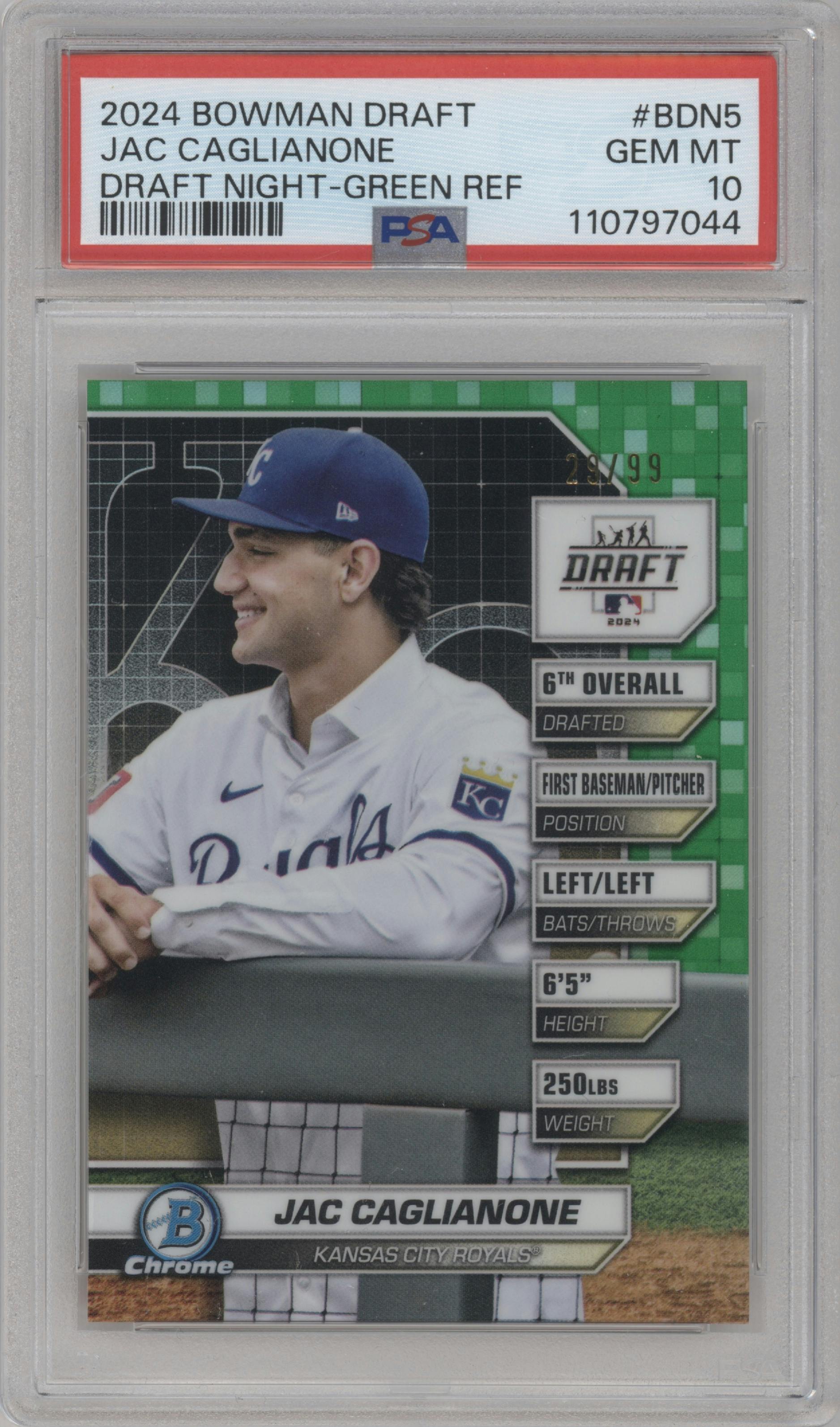 Jac Caglianone  from the 2024 Bowman Draft set featuring a Green Refractor parallel graded by PSA and given an overall grade of 10.