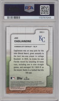 Jac Caglianone  from the 2024 Bowman Draft set featuring a Green Refractor parallel graded by PSA and given an overall grade of 10.
