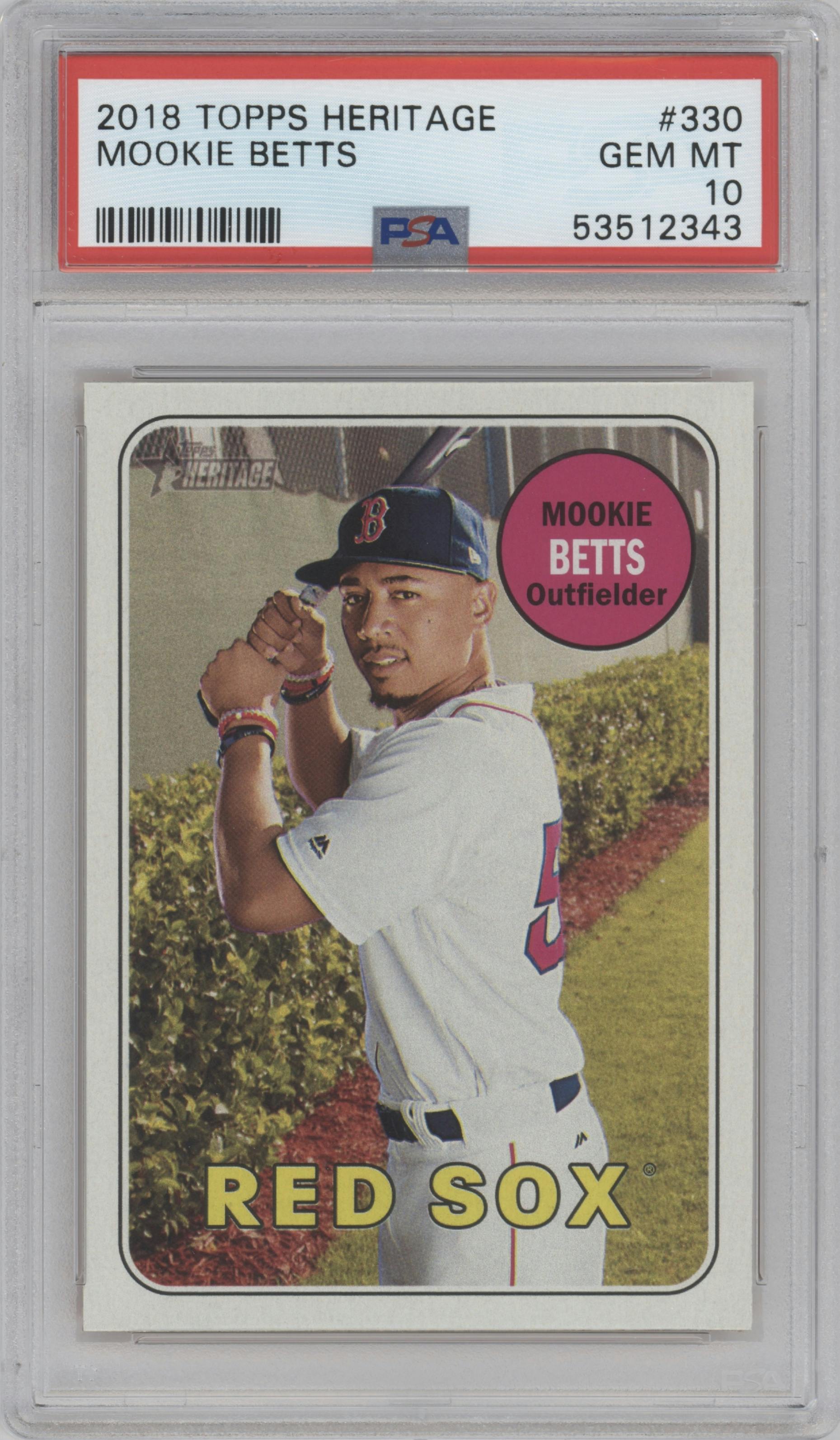Mookie Betts from the 2018 Topps Heritage set graded by PSA and given an overall grade of 10.