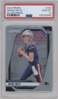 Drake Maye from the 2024 Panini Prizm set featuring a Silver Prizm parallel graded by PSA and given an overall grade of 10.