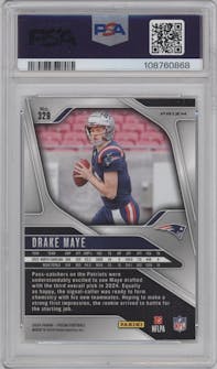 Drake Maye from the 2024 Panini Prizm set featuring a Silver Prizm parallel graded by PSA and given an overall grade of 10.
