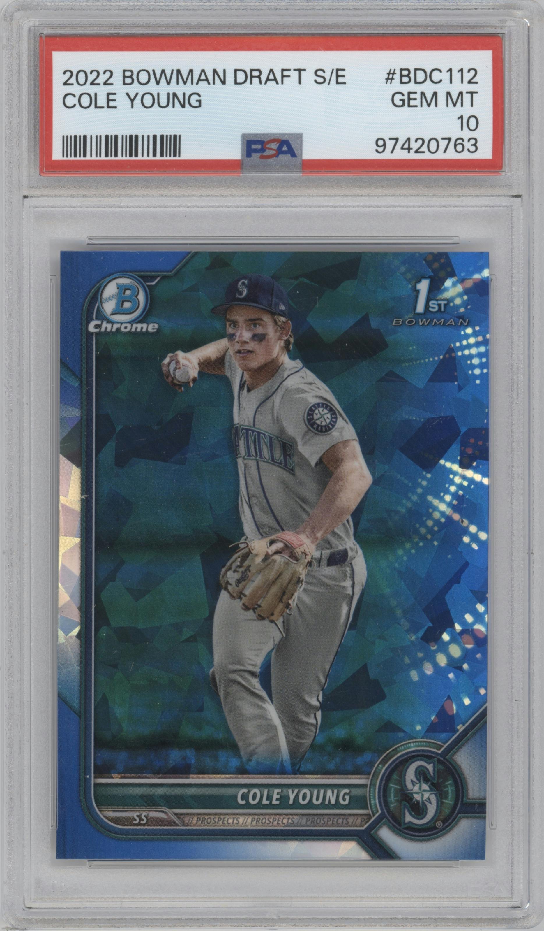 Cole Young from the 2022 Bowman Draft Sapphire Edition set graded by PSA and given an overall grade of 10.