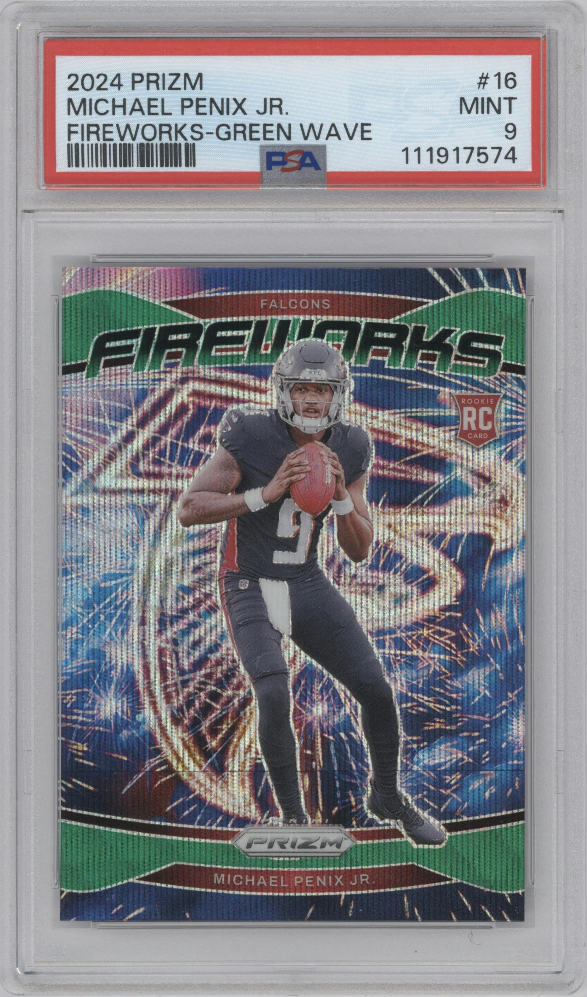 Michael Penix Jr. from the 2024 Panini Prizm set featuring a Green Wave parallel graded by PSA and given an overall grade of 9.