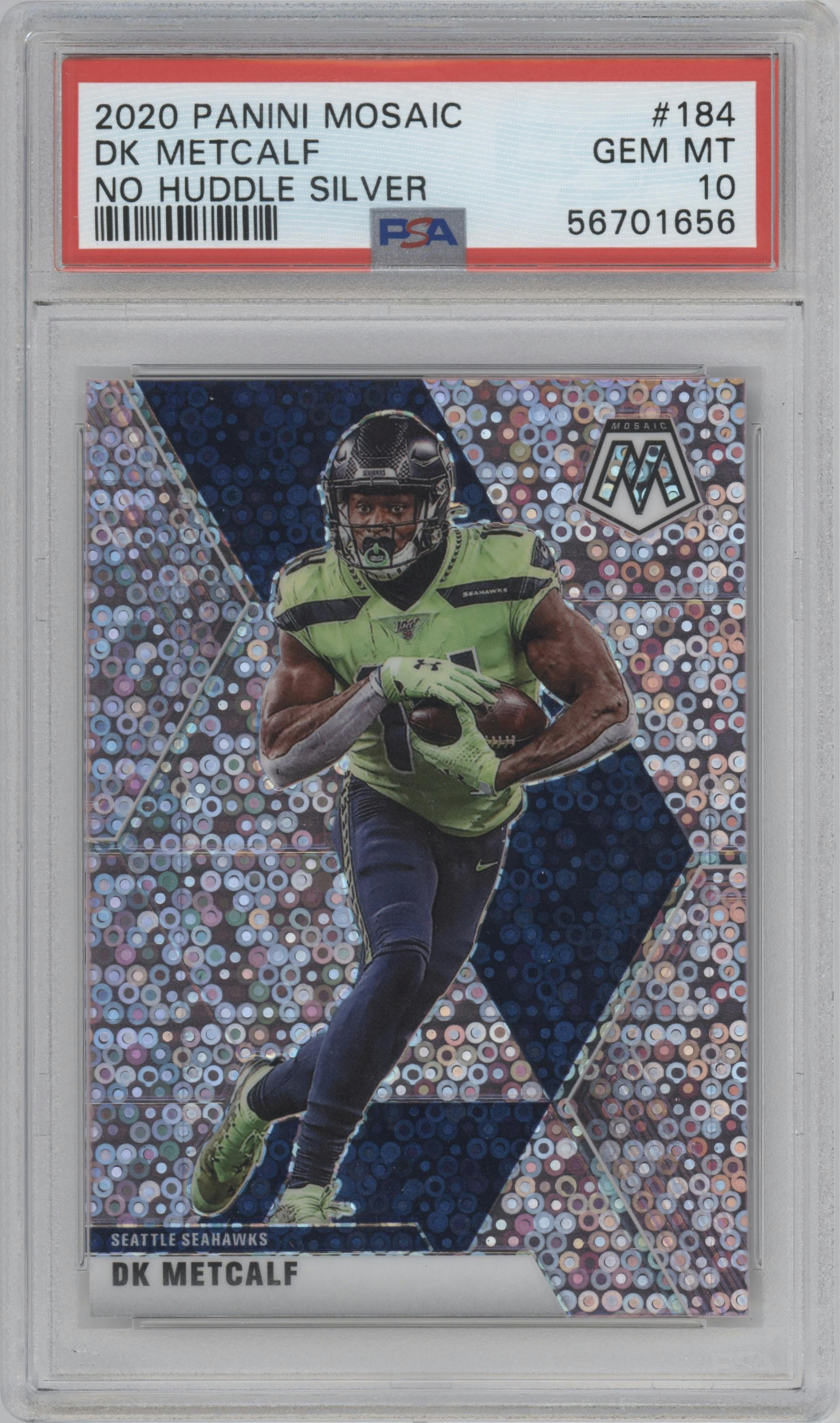 DK Metcalf from the 2020 Panini Mosaic set featuring a No Huddle Pink parallel graded by PSA and given an overall grade of 10.