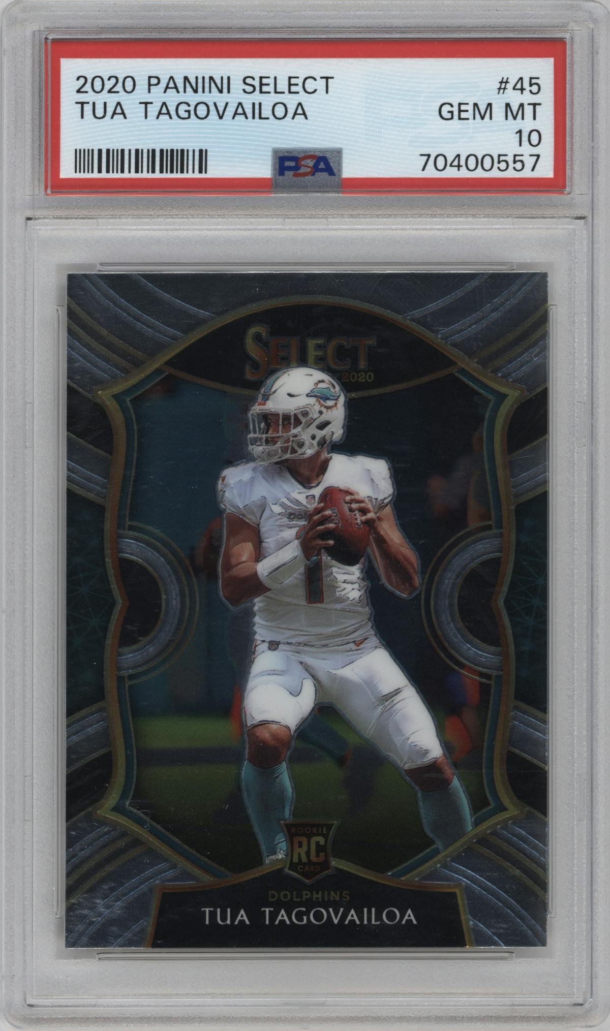 Tua Tagovailoa from the 2020 Panini Select set graded by PSA and given an overall grade of 10.