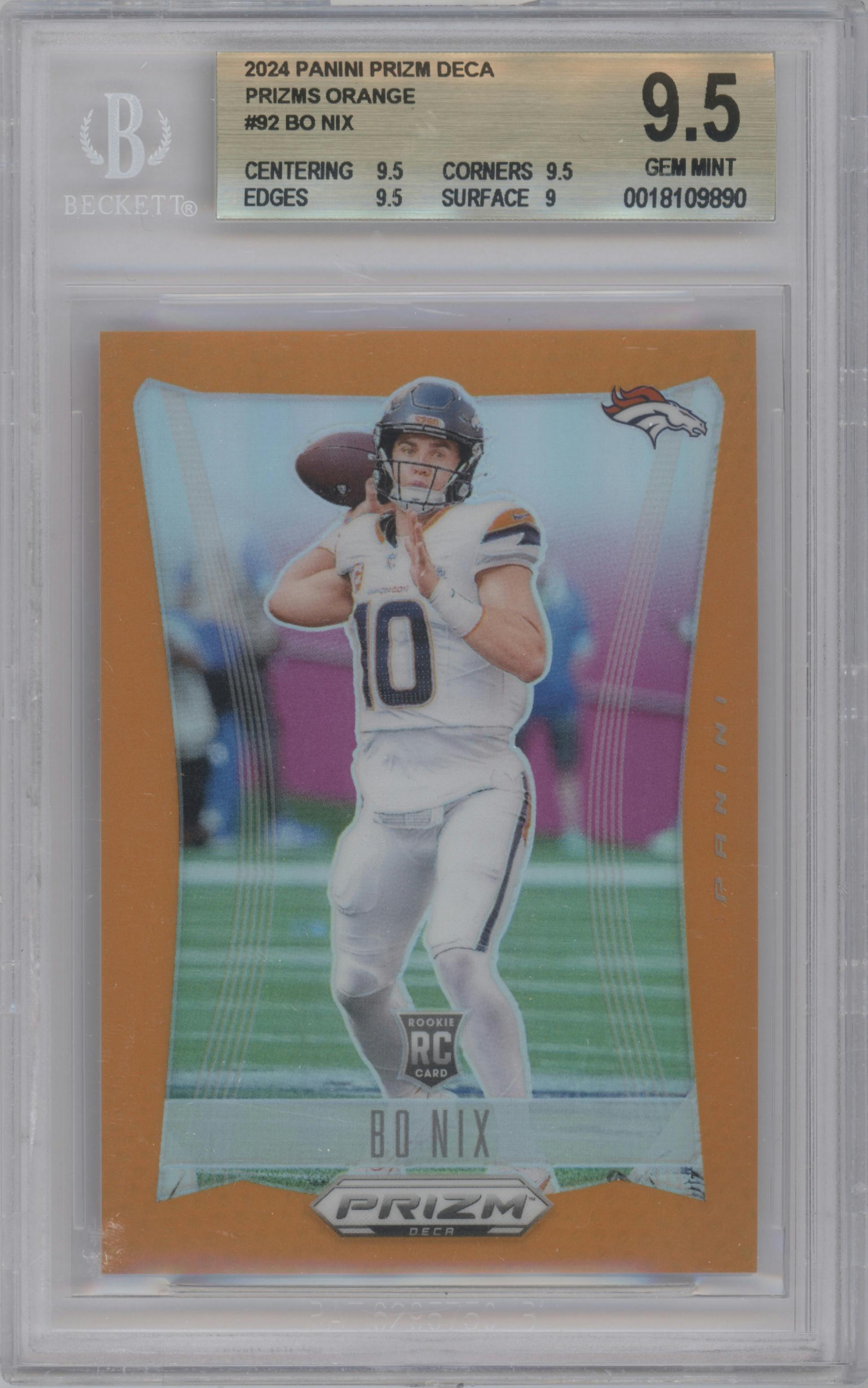 Bo Nix from the 2024 Panini Prizm Deca set featuring a Orange Prizm parallel graded by Beckett and given an overall grade of 9.5.
