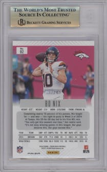 Bo Nix from the 2024 Panini Prizm Deca set featuring a Orange Prizm parallel graded by Beckett and given an overall grade of 9.5.