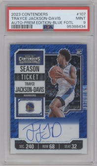 Trayce Jackson-Davis from the 2023-24 Panini Contenders set featuring a Blue FOTL parallel graded by PSA and given an overall grade of 9.