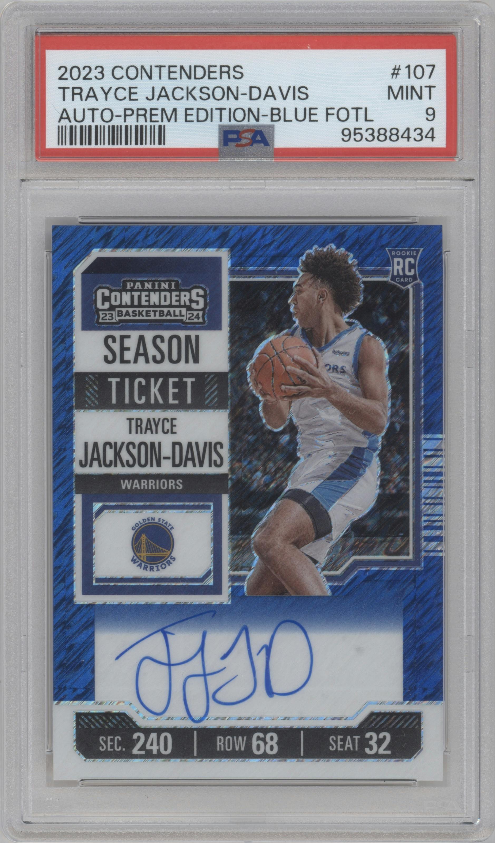 Trayce Jackson-Davis from the 2023-24 Panini Contenders set featuring a Blue FOTL parallel graded by PSA and given an overall grade of 9.