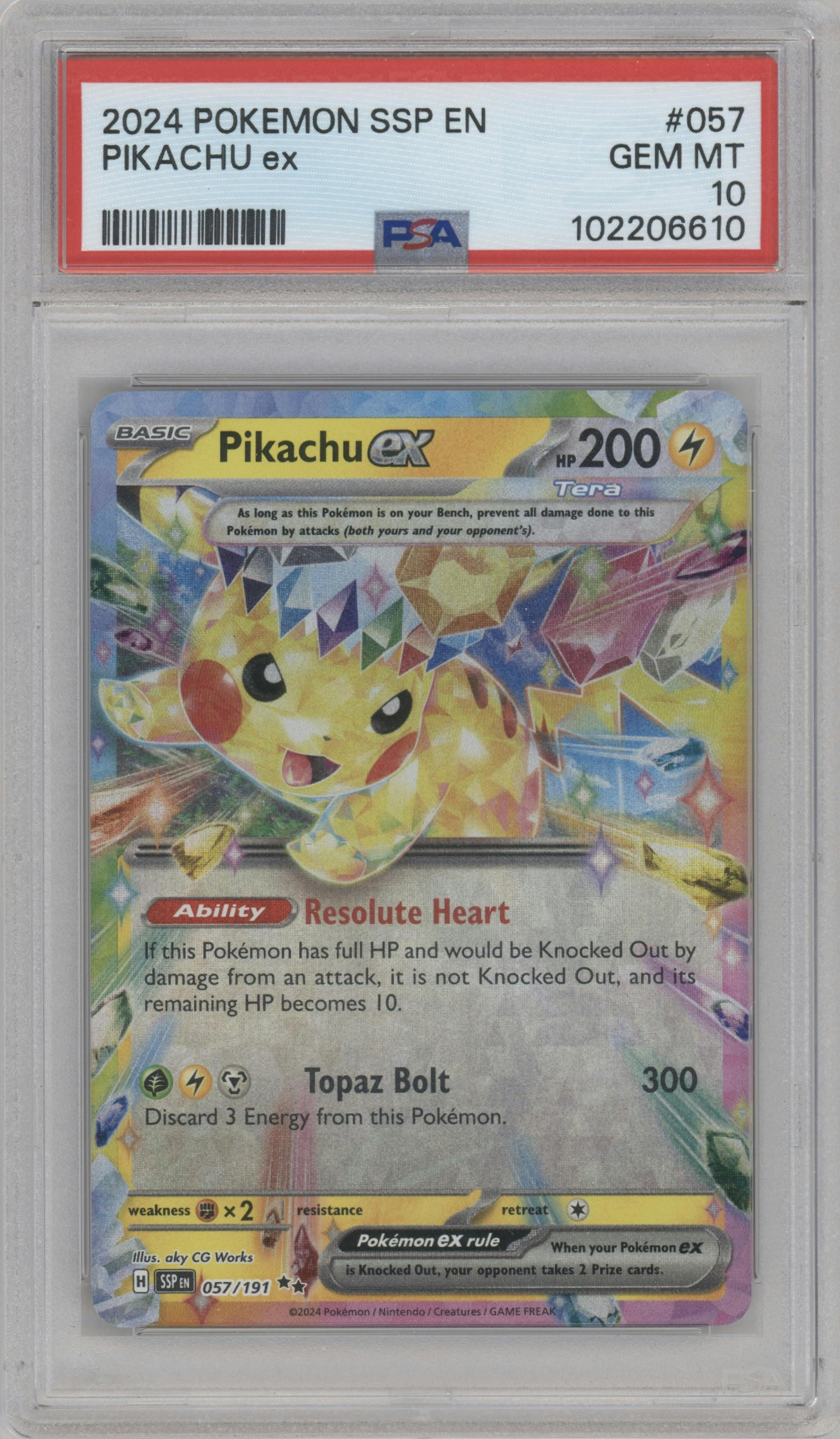 Pikachu ex from the 2024 Pokemon SV set graded by PSA and given an overall grade of 10.