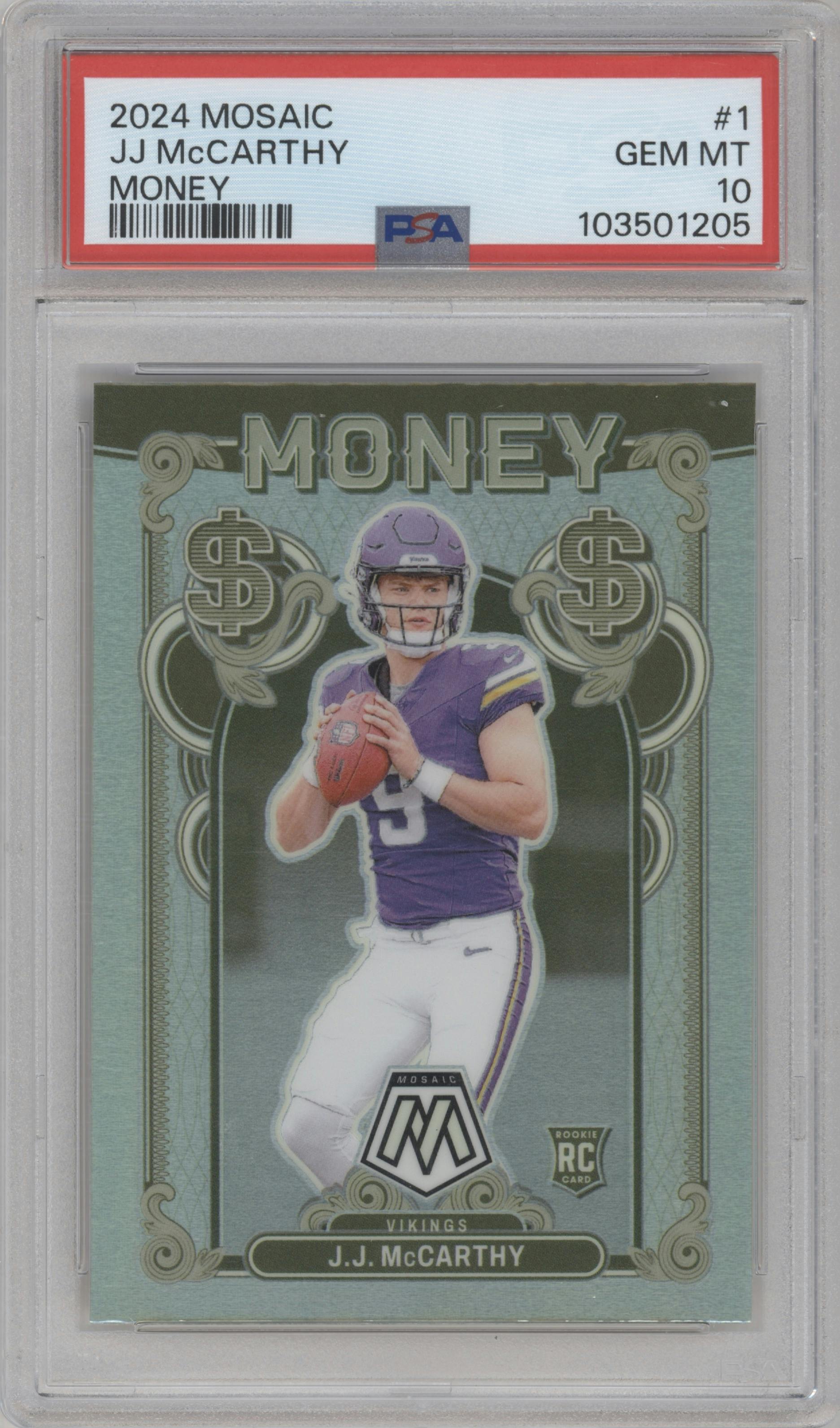 J.J. McCarthy from the 2024 Panini Mosaic set graded by PSA and given an overall grade of 10.