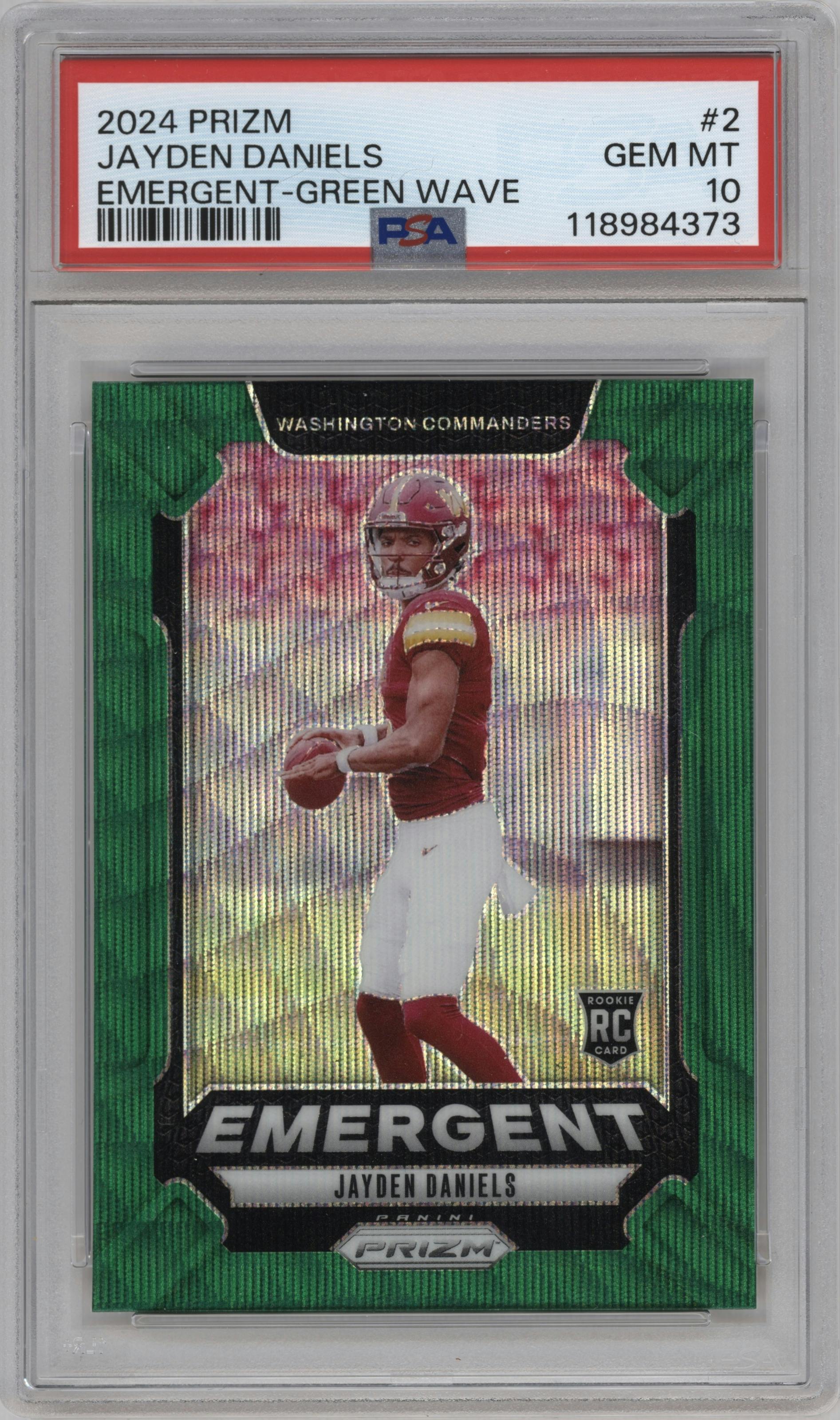 Jayden Daniels from the 2024 Panini Prizm set featuring a Green Wave parallel graded by PSA and given an overall grade of 10.