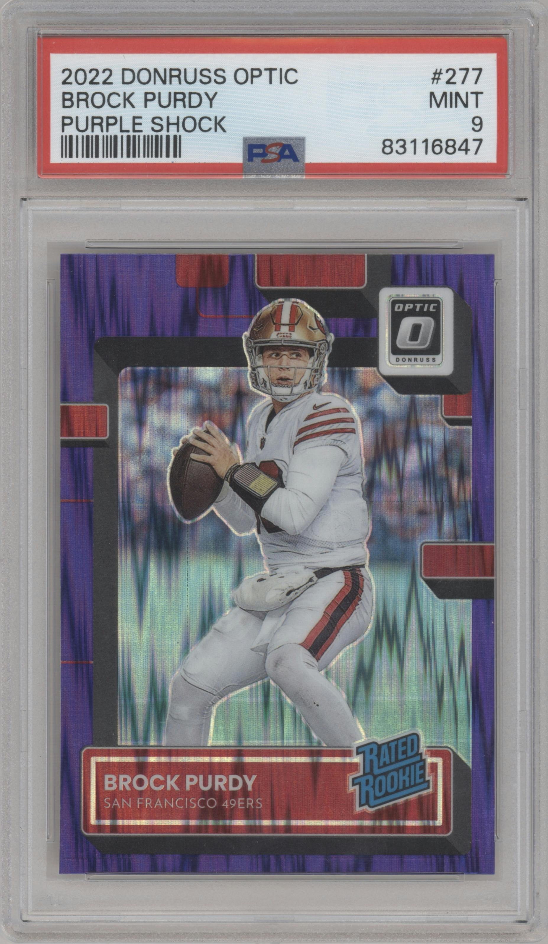 Brock Purdy from the 2022 Panini Donruss Optic set featuring a Purple Shock parallel graded by PSA and given an overall grade of 9.